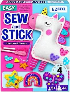 EZCRA Unicorn Sewing Kit for Kids Ages 4-8 - 4 Beginner Projects | Sewing Craft Kit for Girls. 4 Easy DIY Projects with Felt Stickers. No Mess Arts and Crafts Gift for Girls.