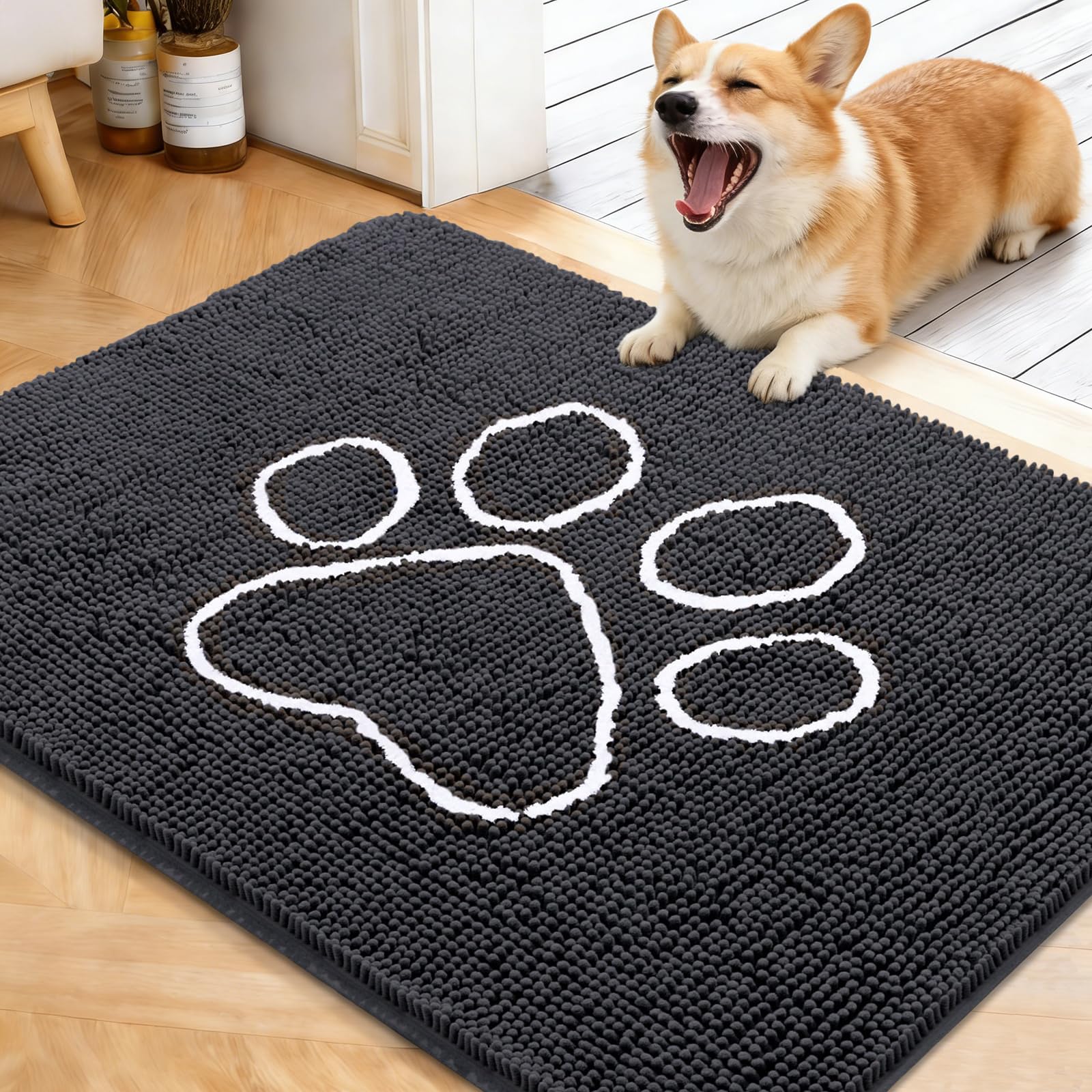 OLANLY Dog Door Mat for Muddy Paws 40x32, Paw Print Design Chenille Mud Mat
