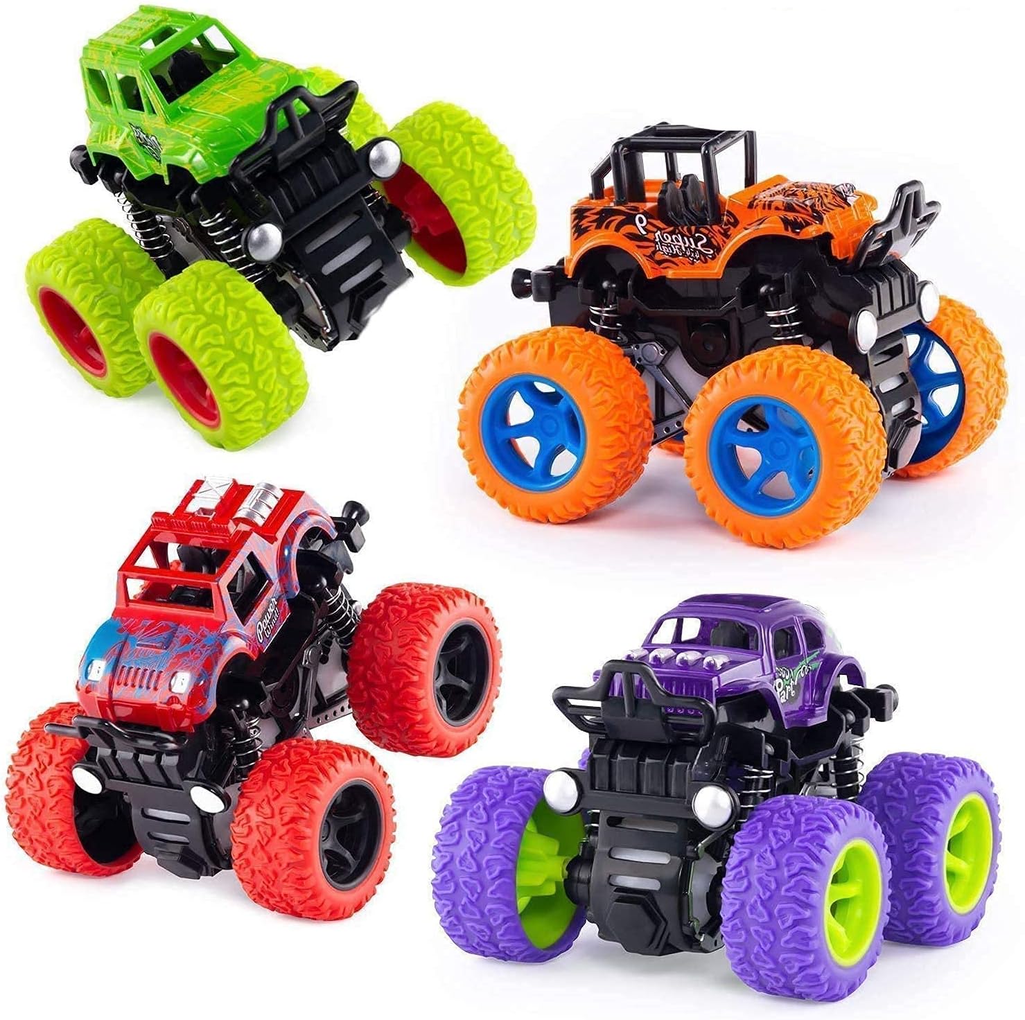 FLIPBOAT 4WD Trucks Friction Powered Unbreakable Cars for Kids Big Rubber Tires Baby Boys Super Cars Blaze Truck Children Gift Toys (Set of 4)