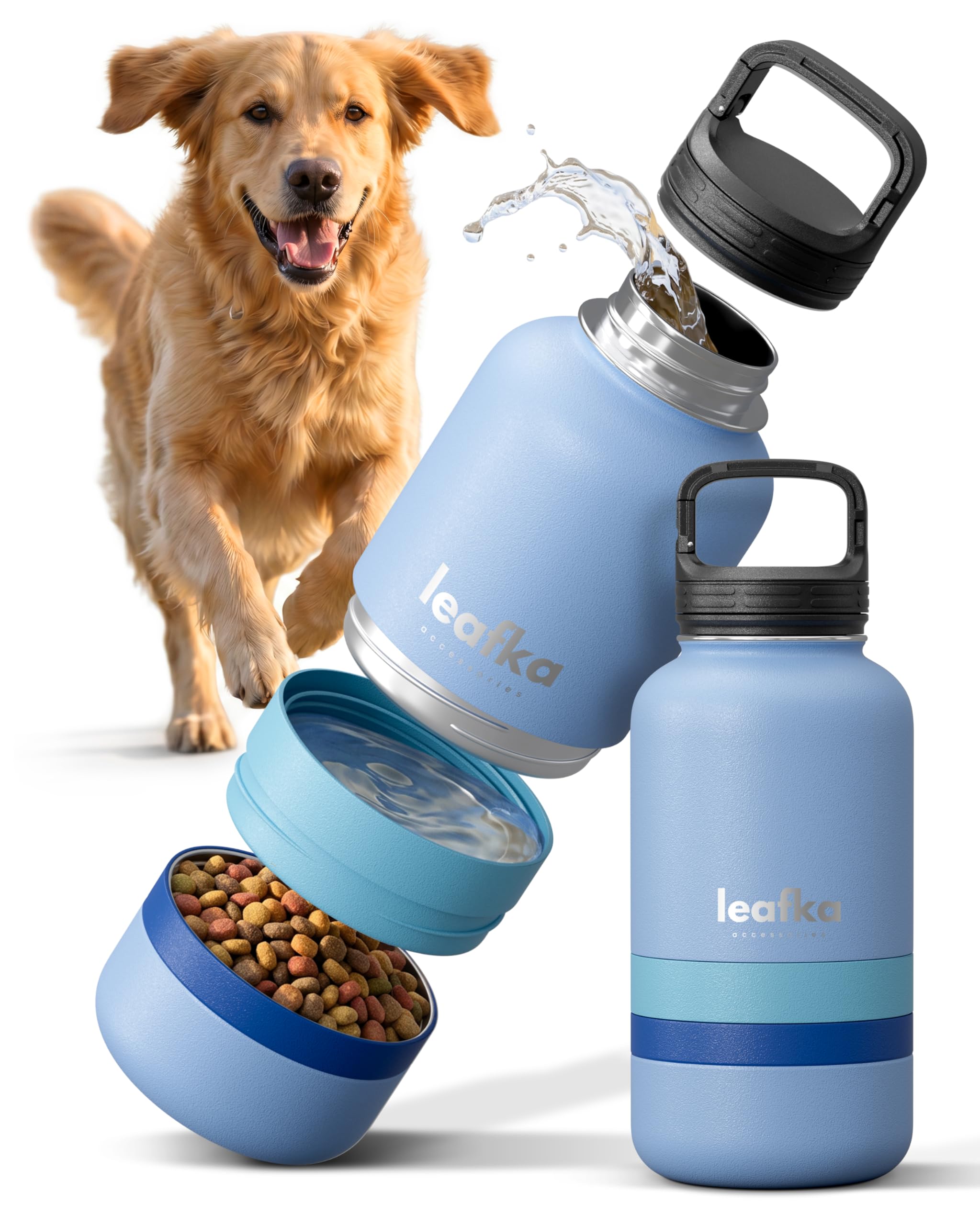 Bouteille pour Chien 3 en 1 avec Gamelle Eau et Compartiment Croquettes, Gourde de Voyage Portable pour Chien et Chat, Bouteille Transport Eau et Nourriture pour Animaux - 1L (Bleu)