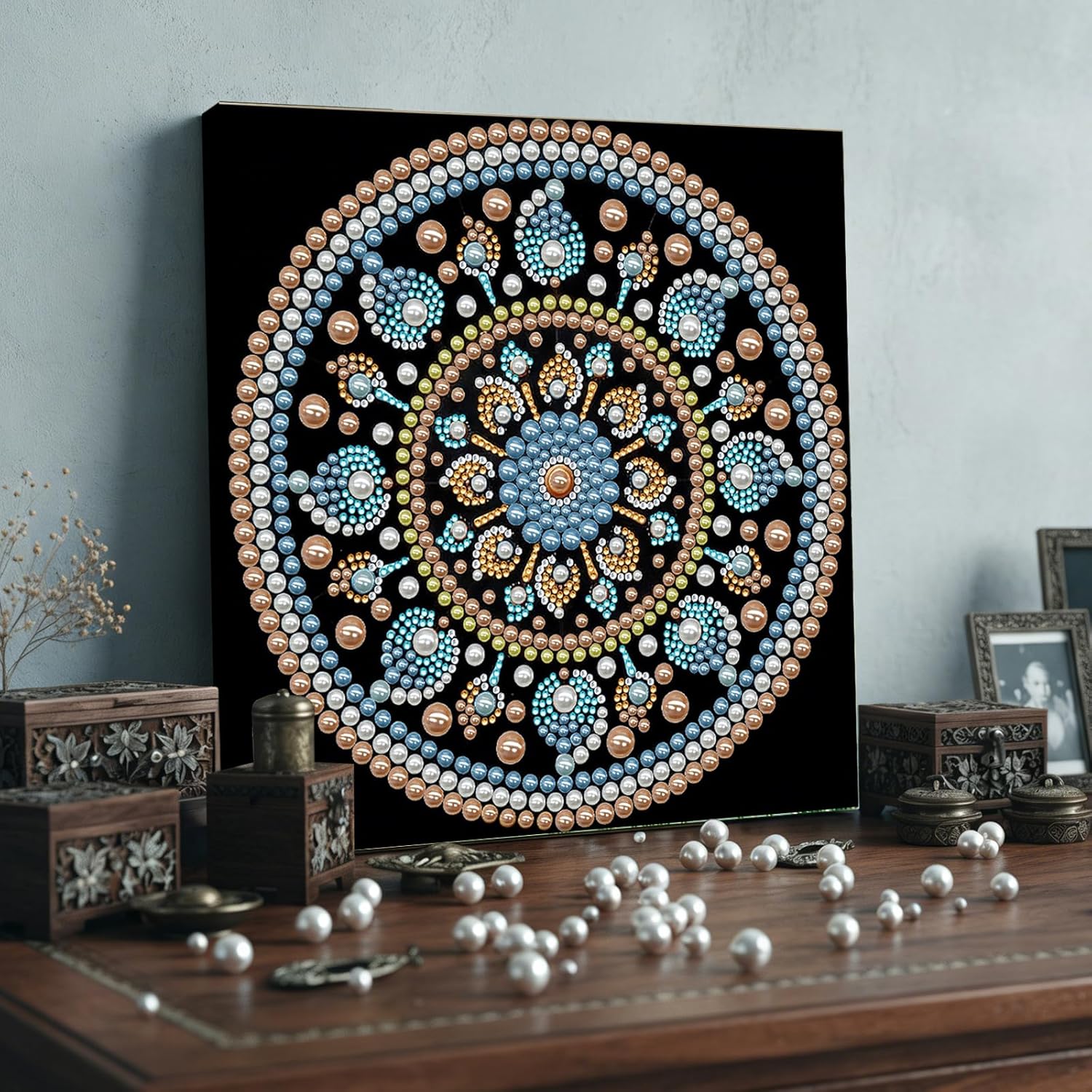 C'eitura Ocean Bead Mandala DIY Pearl Painting Art Kit with Frame - 9.84x9.84 Inch Nautical Pearl & Gem Craft Set for Adults Beginners, Ready-to-Hang Coastal Wall Decor, Beach House Gift