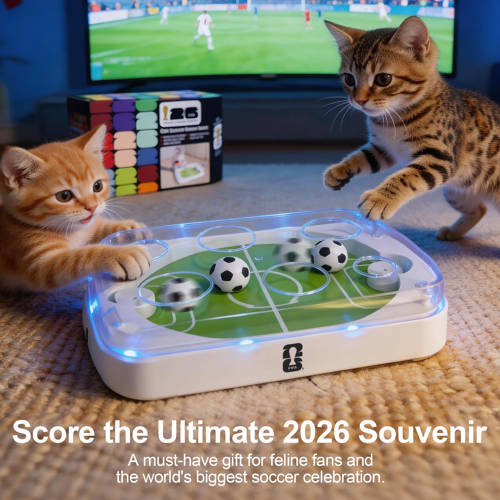 Offizielle FIFA WM 2026 Edition - Interaktives Katzenspielzeug mit Fußballfeld-Design, automatisches Katzenspielzeug mit bewegungsaktivierten Flip-Push-Bällen, anpassbare Team-Aufkleber, perfekt für