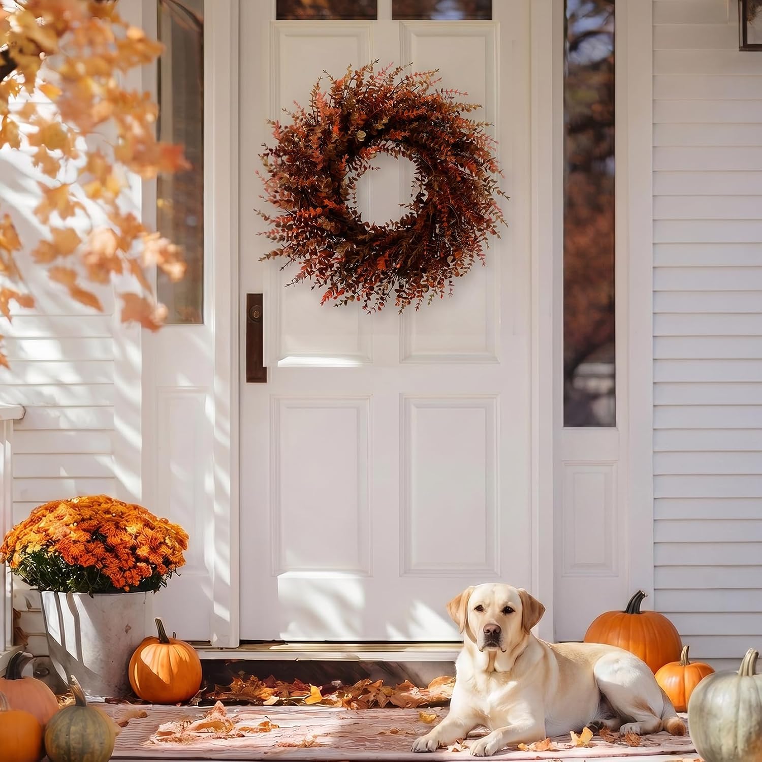 28" Fall Gradient Eucalyptus Wreath for Front Door, 3 Colors Artificial Autumn Wreaths Thanksgiving Decor for Home, Fall Wedding Decorations, Outdoor Indoor Farmhouse Wall Decor Year Round