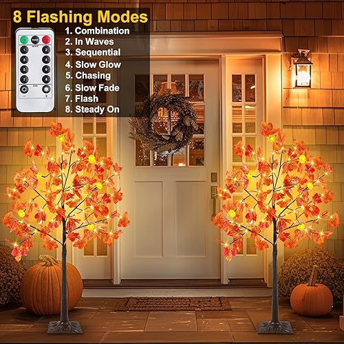 Miniatura 3 de Control remoto y temporizador, decoración de otoño, paquete de 2 unidades, árbol de arce artificial preiluminado de otoño de 4 pies para el hogar,