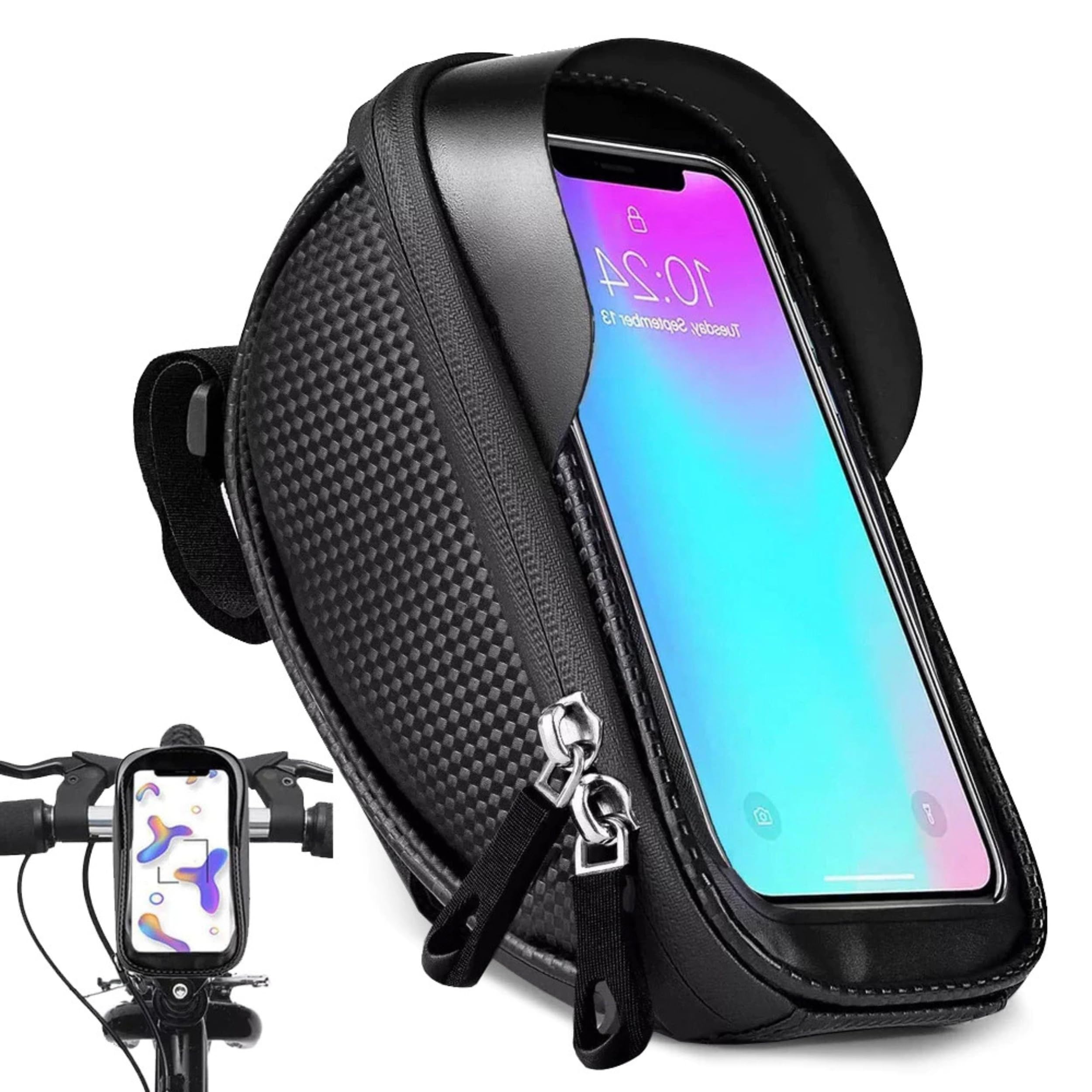 PARENCE. Sacoche Étanche Porte-Téléphone Vélo – Fixation Cadre/Guidon – Façade Tactile – Double Zip – Noir – Jusqu’à 6,8”