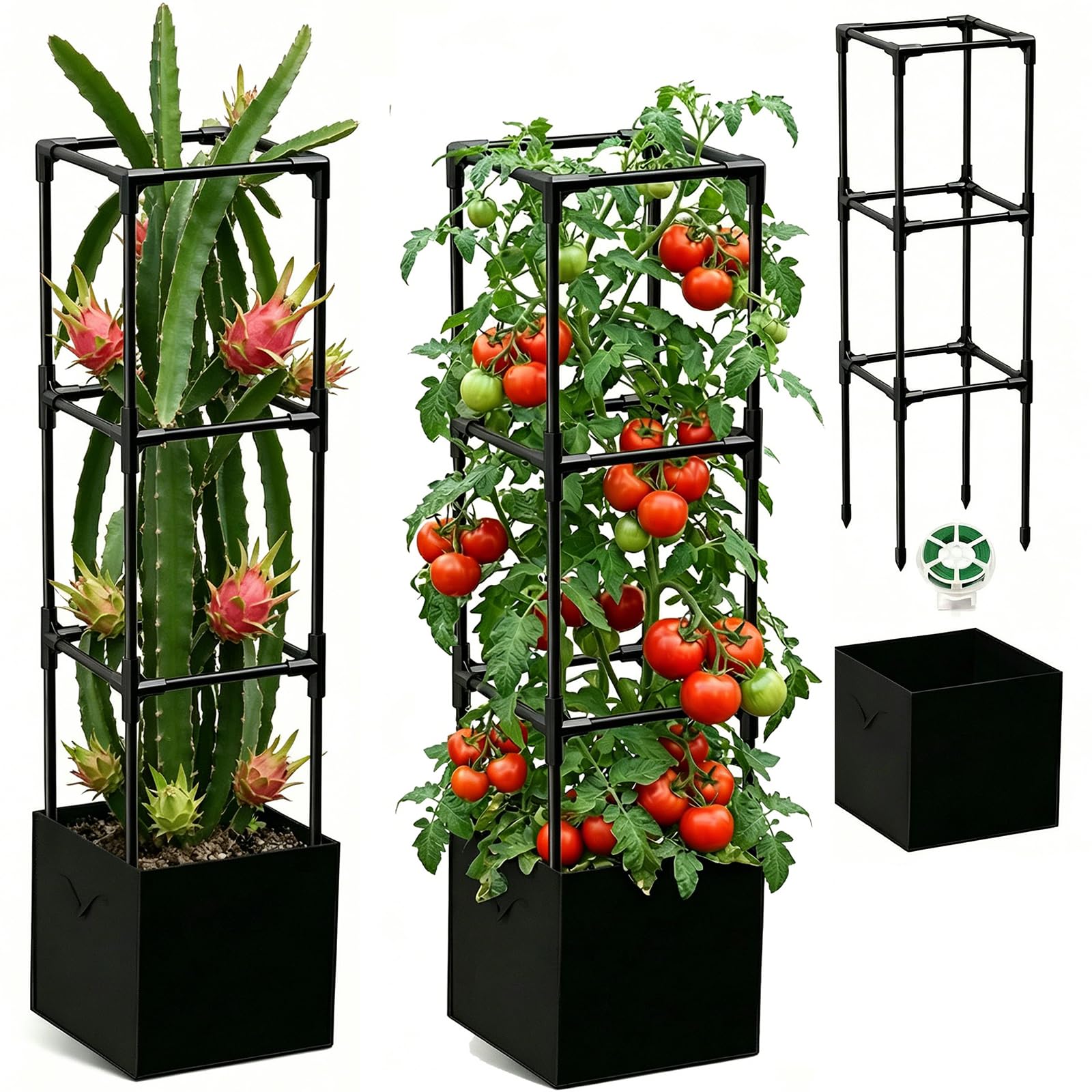 Photo 1 of 2PCS Dragon Fruit Trellis for Climbing Plants Indoor Outdoor, Heavy Duty Metal Adjustable Vertical Garden Support for Indoor Outdoor Potted Plants, Tomato, Cactus, Roses,Vines(12 * 12 * 47inch,2PC)
