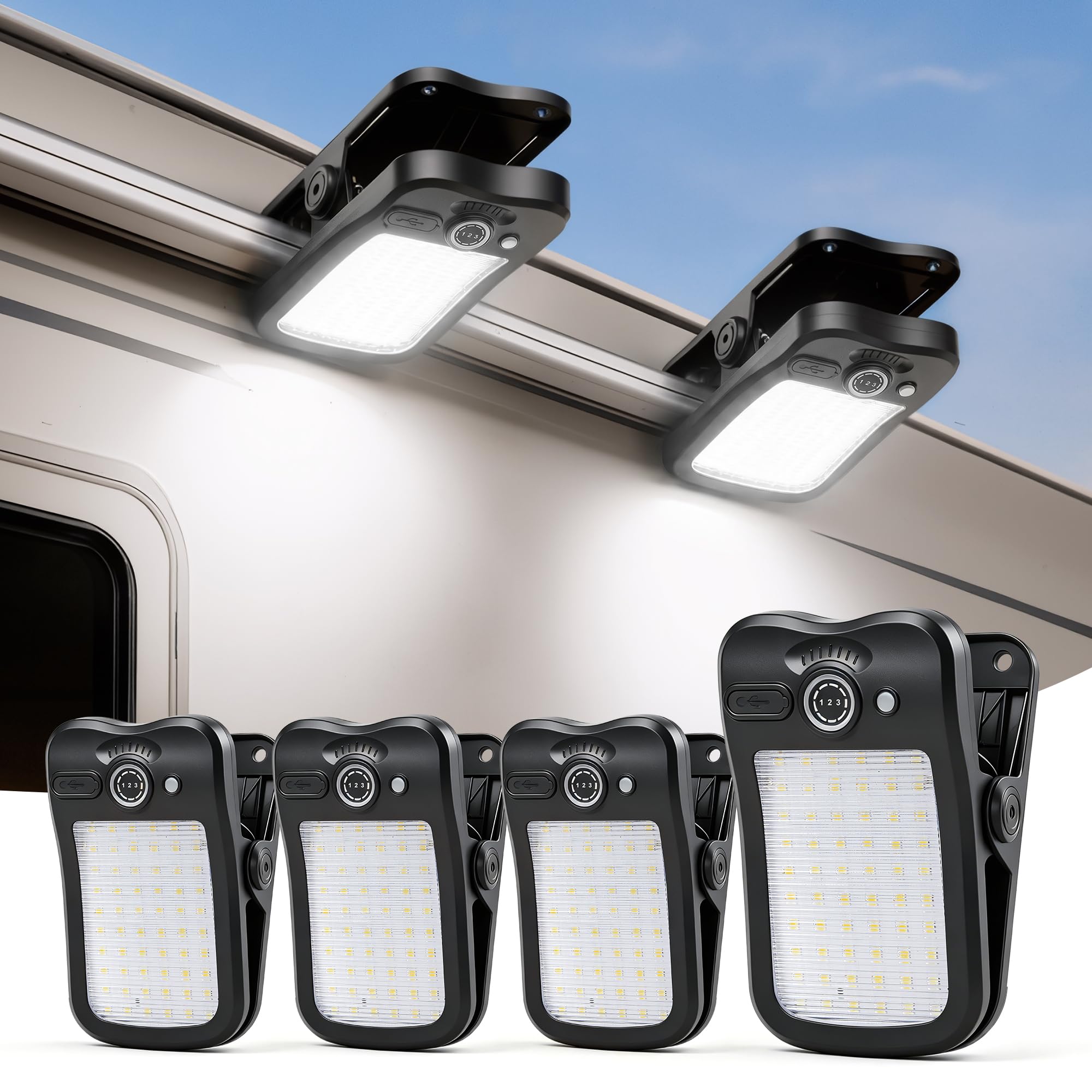 LUHLEE Clip-On RV Solar Lights – 800LM RV Bumper Cap Light with Digital Display, No-Drill Exterior Lighting for RVs, Campers, Trailers &amp; Awnings (Black，4 Pack)
