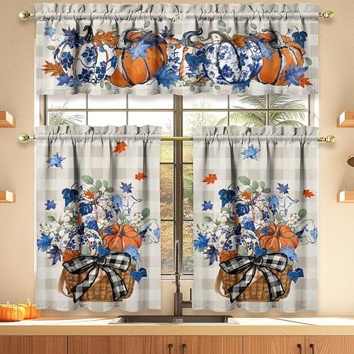 Fall Thanksgiving Kitchen Curtains Valances and Tiers 3 Piece Set Blue White Por