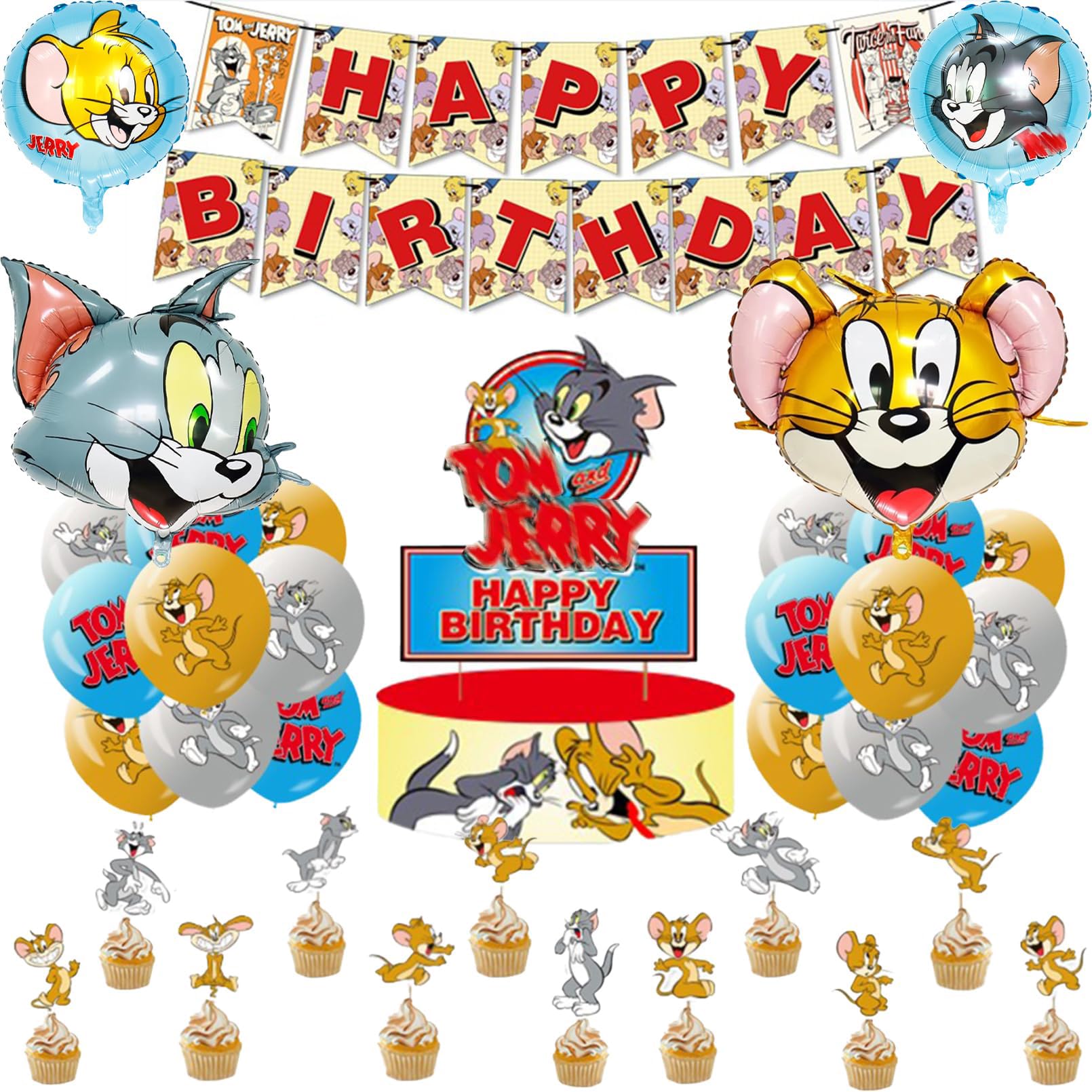 Tom & Jerry Party Dekoration Set – 49-teilig, Mit Luftballons, Banner, Cake Topper