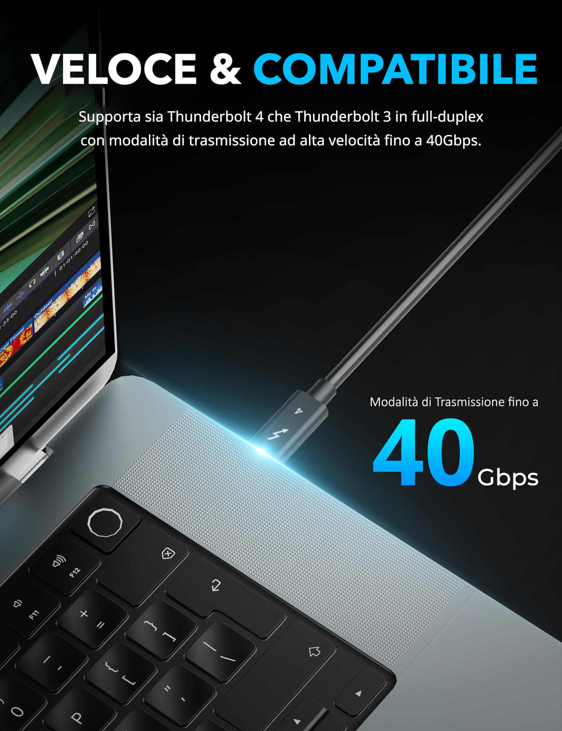 SABRENT Cavo Thunderbolt 4 USB Type C [Certificato] 2 m | 40 Gbps | Ricarica da 100W | E-Mark Chip | PD supporta | per MacBook, Laptop, Dock | NERO [CB-T4M2]