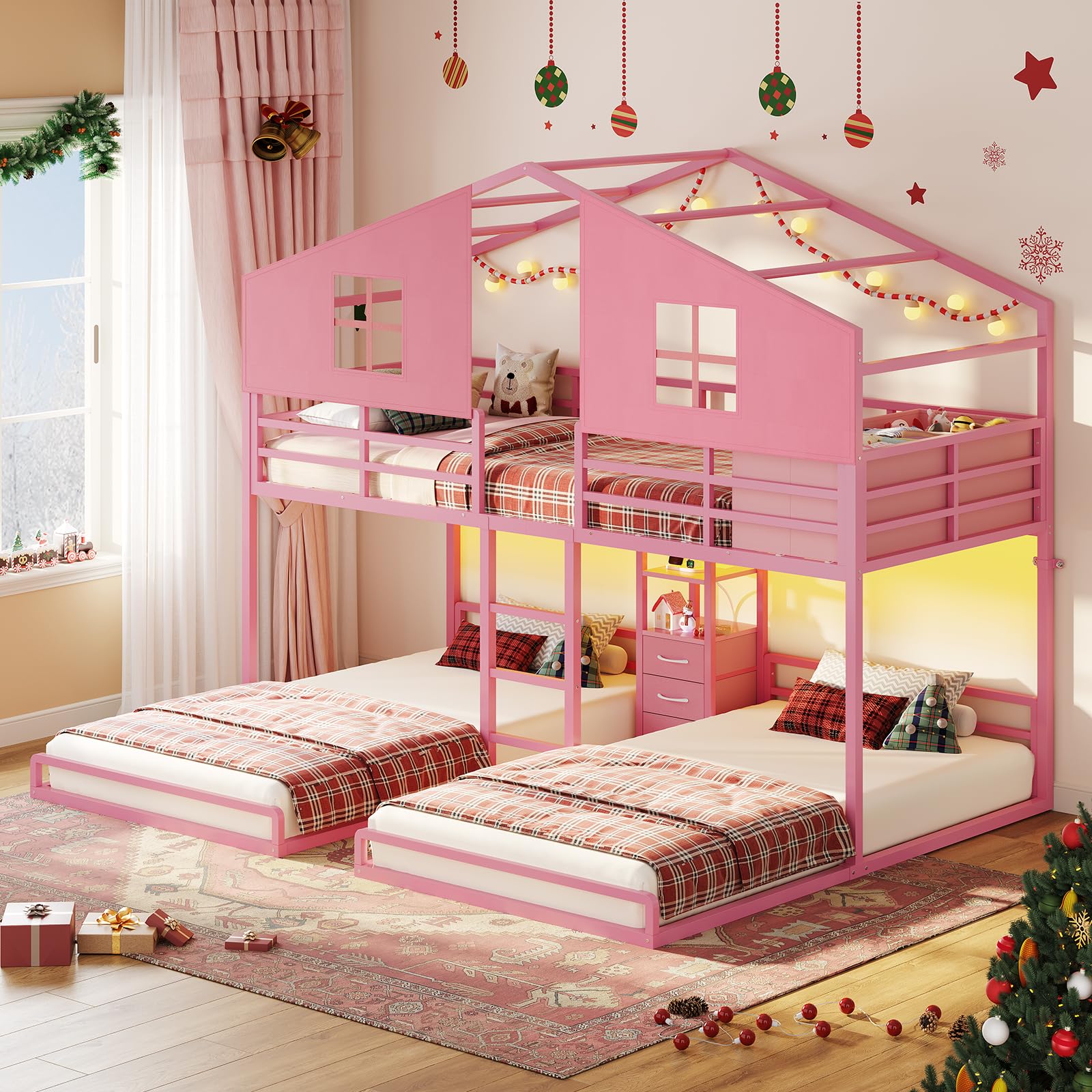 bthfst triple bunk bed twin size with house, 4 storage drawers, charging station and led lights, metal kids bunk bed with 13.4" h safety guardrail and play curtain, diy house shaped bed, pink ( incomplete )