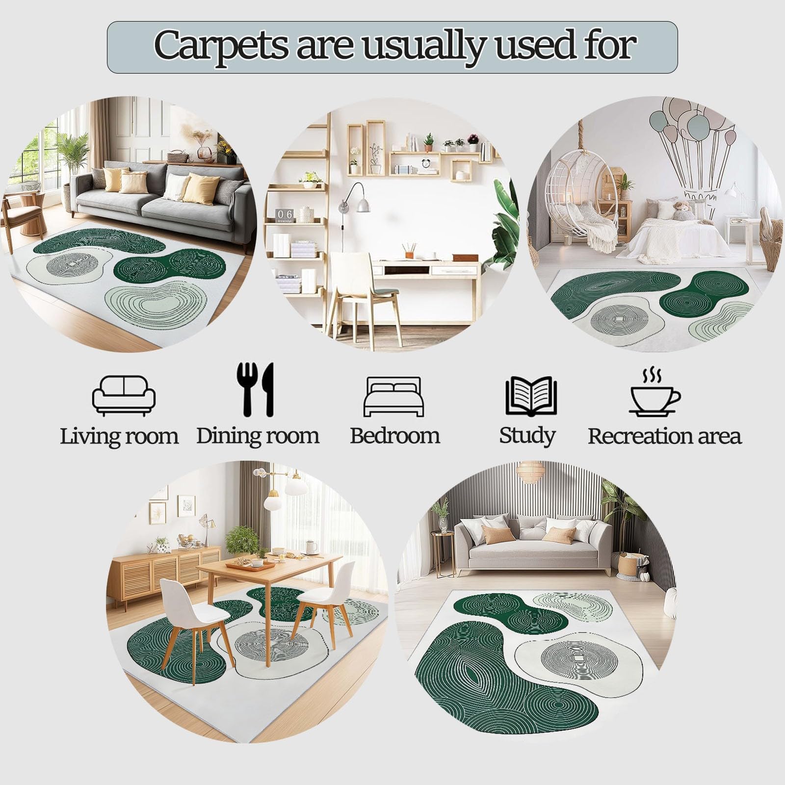 Konzentrische Ringtextur Kinderzimmer Teppich, Modern Abstrakt Stil, Deko-Teppiche für Wohnzimmer Esszimmer Schlafzimmer Küche, 80 x 150 cm Weiß Grün