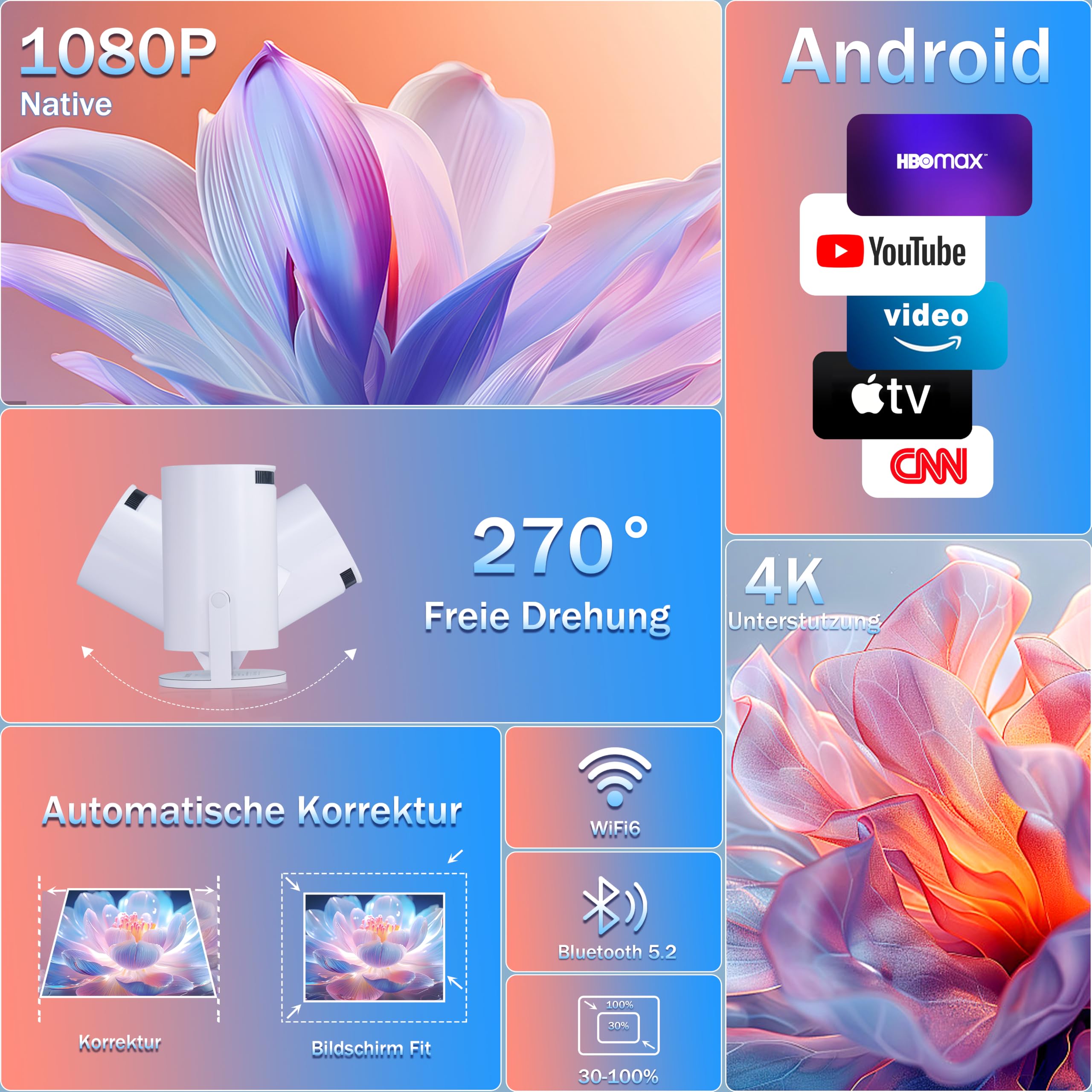 Mini projecteur 4K compatible 1080p Full HD avec WiFi 6 avec BT 5.2, petit projecteur avec applications intégrées avec Keystone automatique et rotation à 270° compatible avec HDMI/TV Stick, blanc