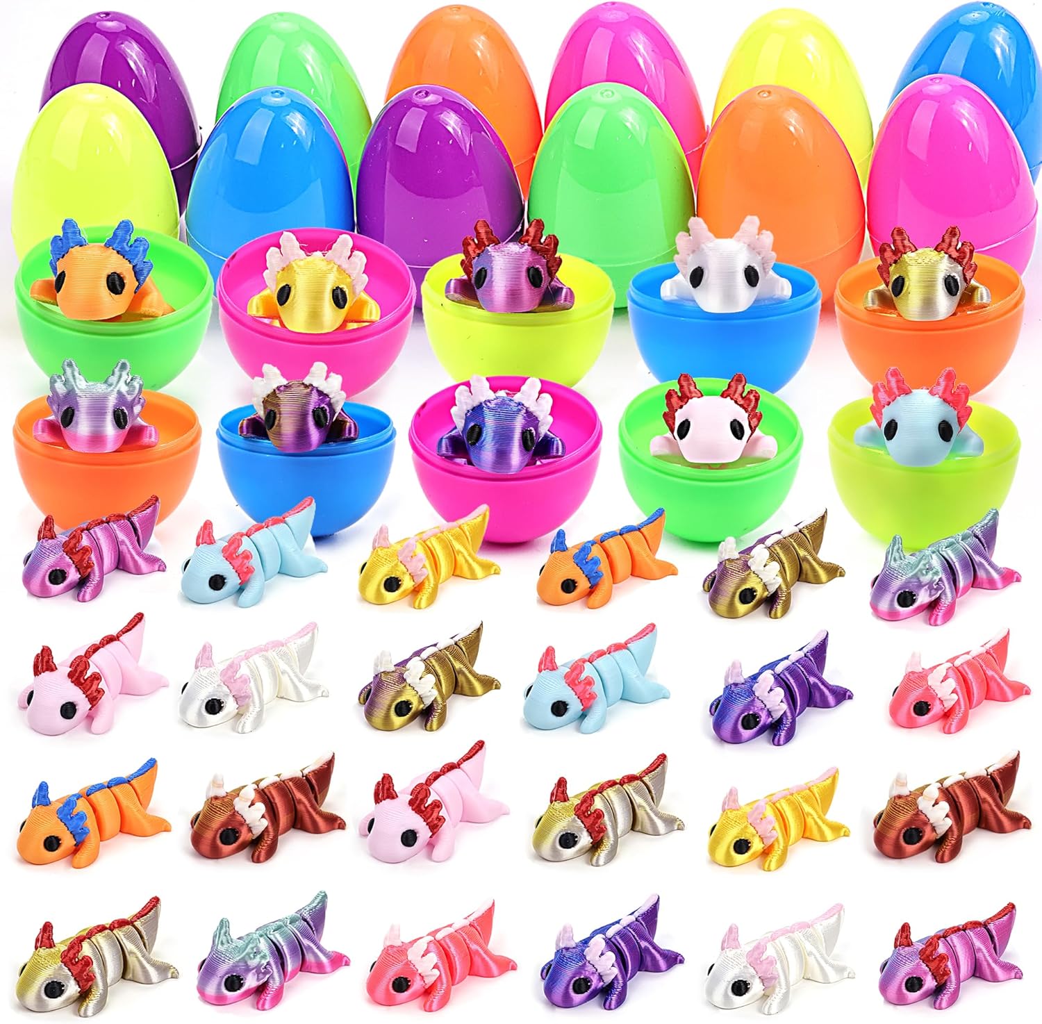 24 pcs Easter Egg with 3D Printed Axolotl Figure Toys, Flexible Articulated, Multicolor Axolotl Figures, Easter Eggs for Party Favor, Classroom Prize, Easter Eggs Hunt, Easter Basket Stuffers for Kids