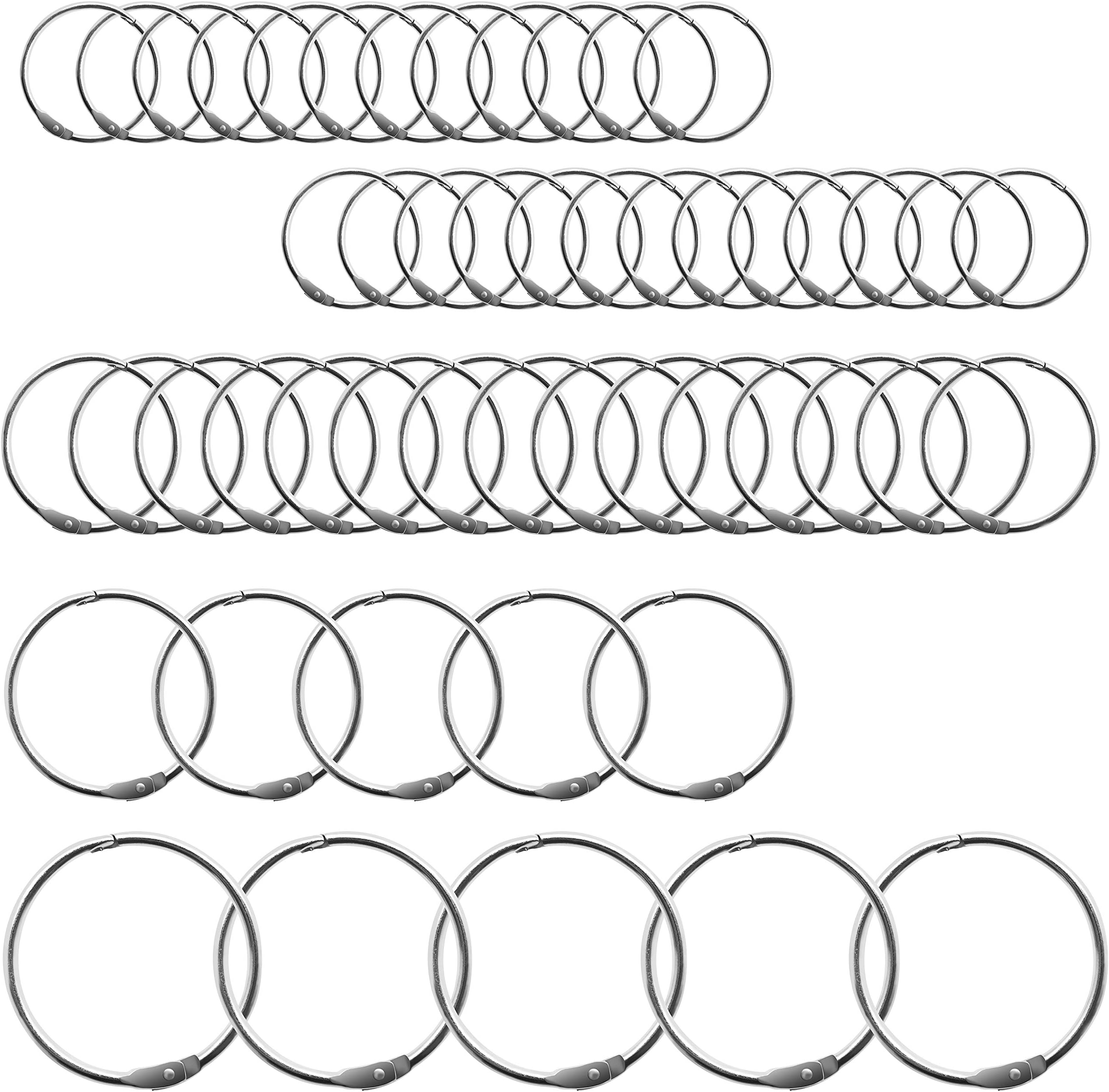 50 Pcs Multiple 4 Size Binder Rings Hook Nickel Plated Steel for Flash Cards Loose Leaf Document Keychain Set (Diameter in 1”, 1.25”, 1.5”, 2”)