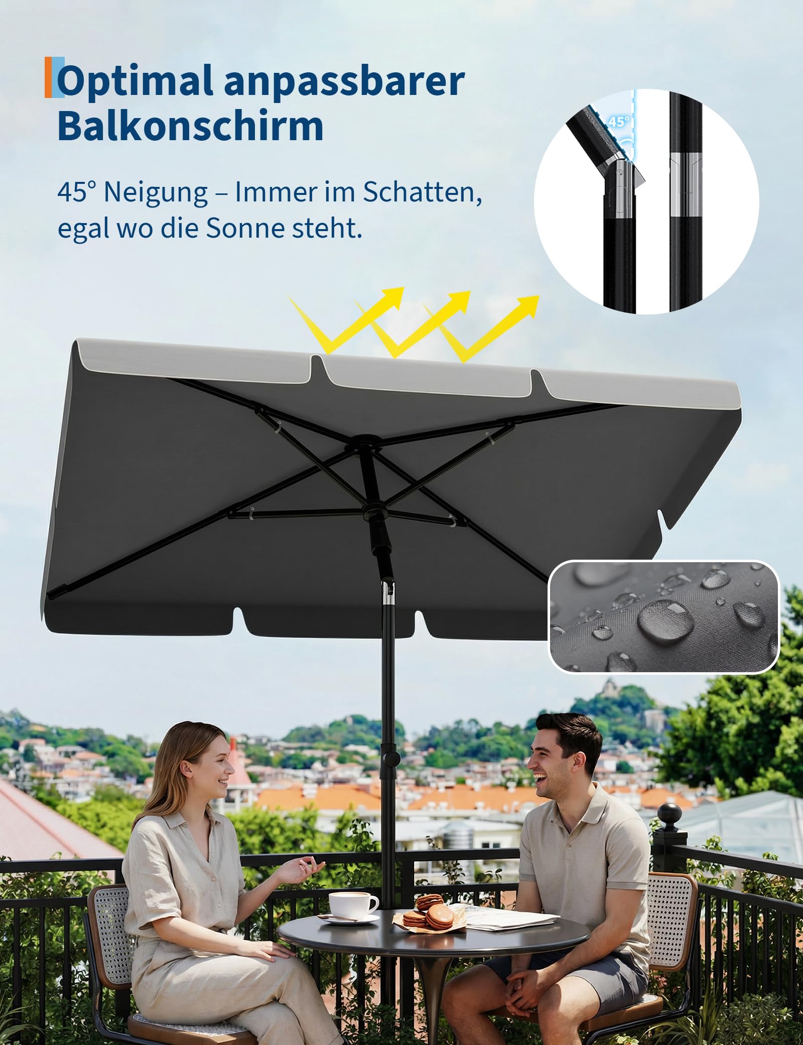 GarveeHome Sonnenschirm Balkon 200x125 cm mit Schirmhülle, UV50+ Sonnenschirm rechteckig knickbar & höhenverstellbar, Balkonsonnenschirme ideal für Balkon Garten & Terrasse