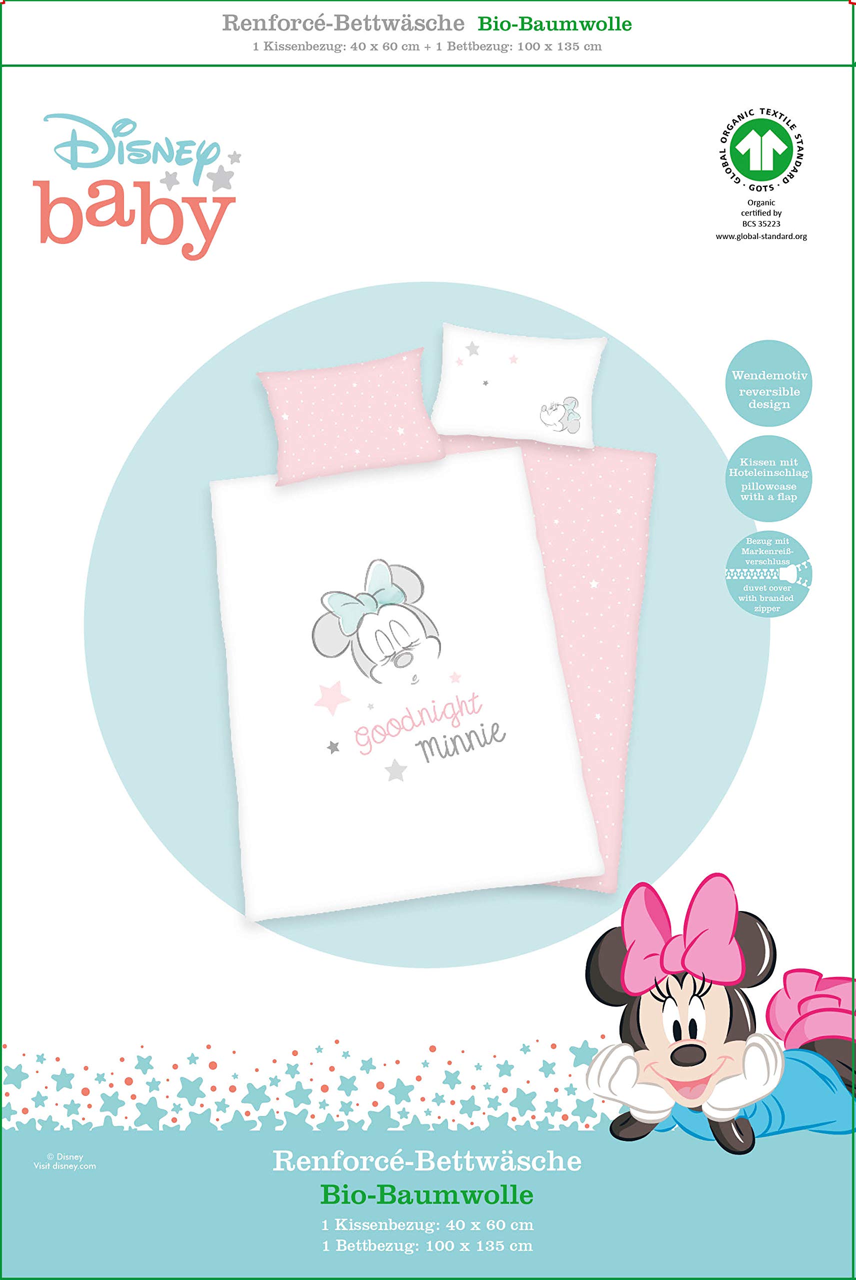 Herding Minnie Mouse zestaw pościeli organicznej, certyfikat GOTS, dwustronny motyw, poszewka na poduszkę 40 x 60 cm z zakładką hotelową, poszewka na kołdrę 100 x 135 cm, z lekkim zamkiem błyskawicznym, bawełna/bawełna renforcé