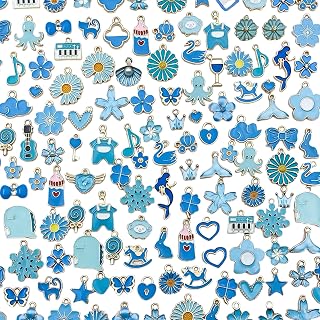 100 colgantes de aleación de color azul lago esmaltado con diseño de corazón de flores azules para hacer llaveros, varios colgantes chapados en oro para manualidades