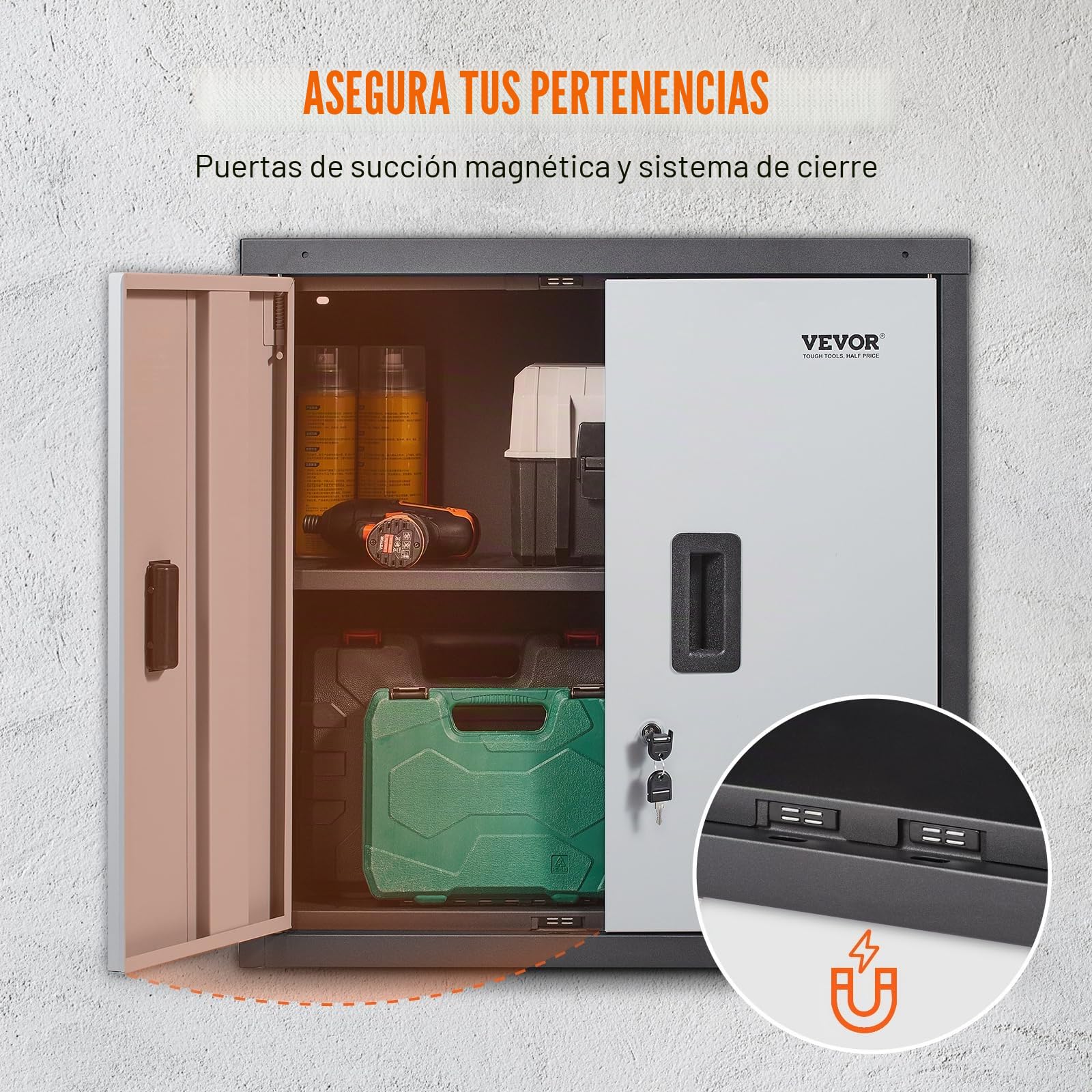 VEVOR Gabinete de Almacenamiento para Garaje 660x305x660 mm Armario de Herramientas Montado en Pared, Carga Total de 108,8 kg Estante Ajustable con Puerta Magnética para Taller, Almacén, Hogar, Negro