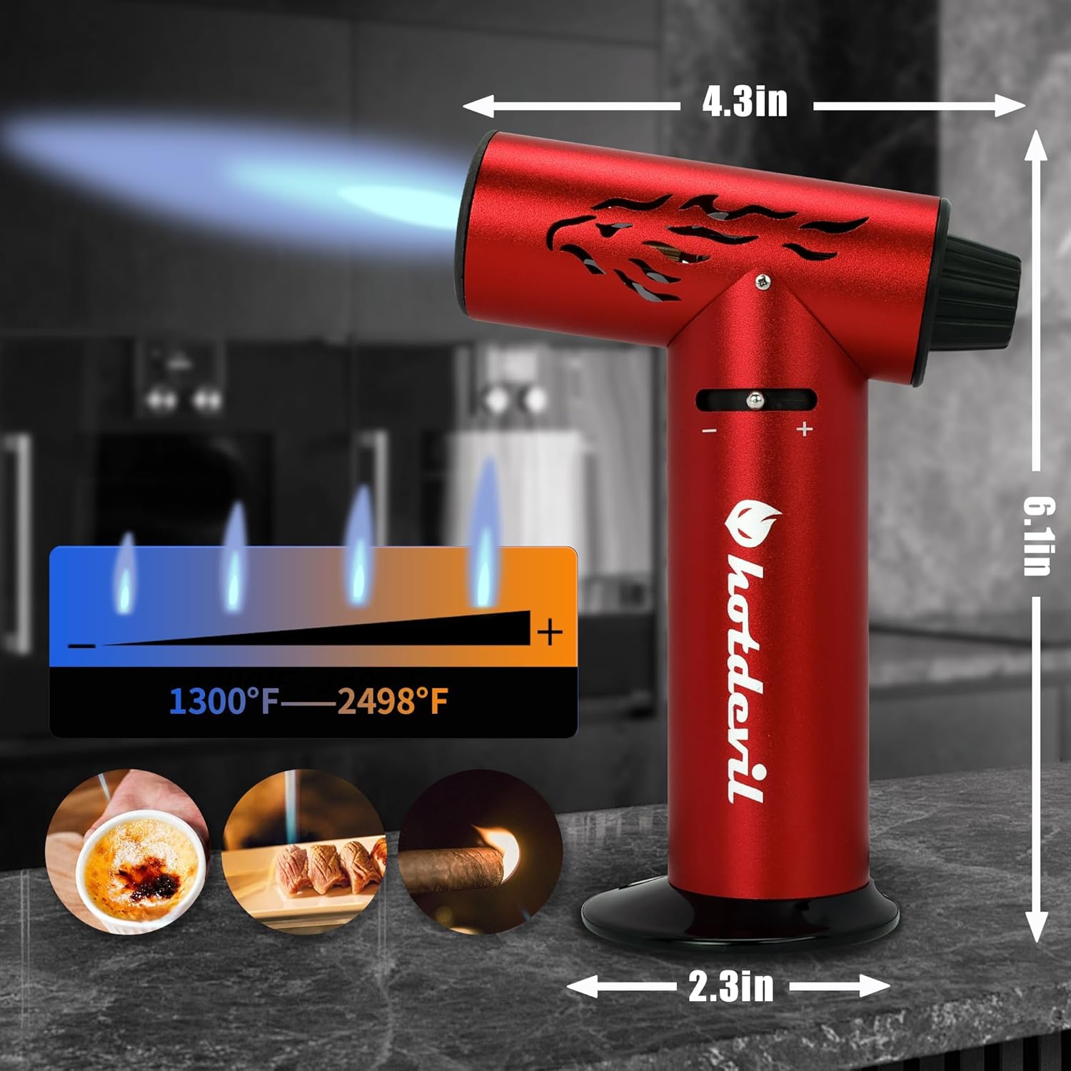 Hotdevil Full Metal Butane Torch 10g Refillable Tank Kitchen Blow Torch with 1 Bottle of Butane Gas for Creme Brulee Dessert