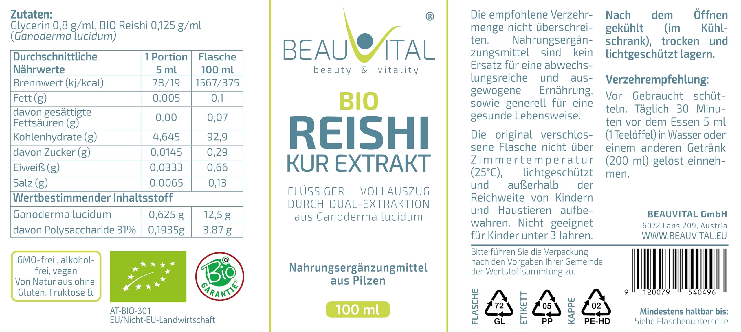 Bio Reishi Extrakt flüssig | Vollauszug Ganoderma aus Reishi Pulver durch Dualextraktion in Glyzerin, 100ml