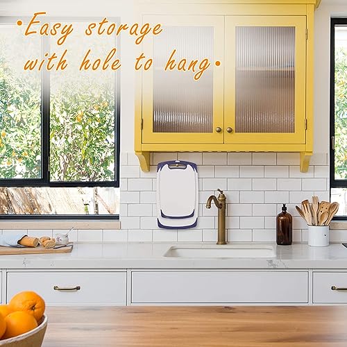 Miniatura 7 de Moss & Stone 2 tablas de cortar para cocina y cuchillo de chef, polipropileno y aptas para lavavajillas, 2 tablas de cortar con mango de agarre sin