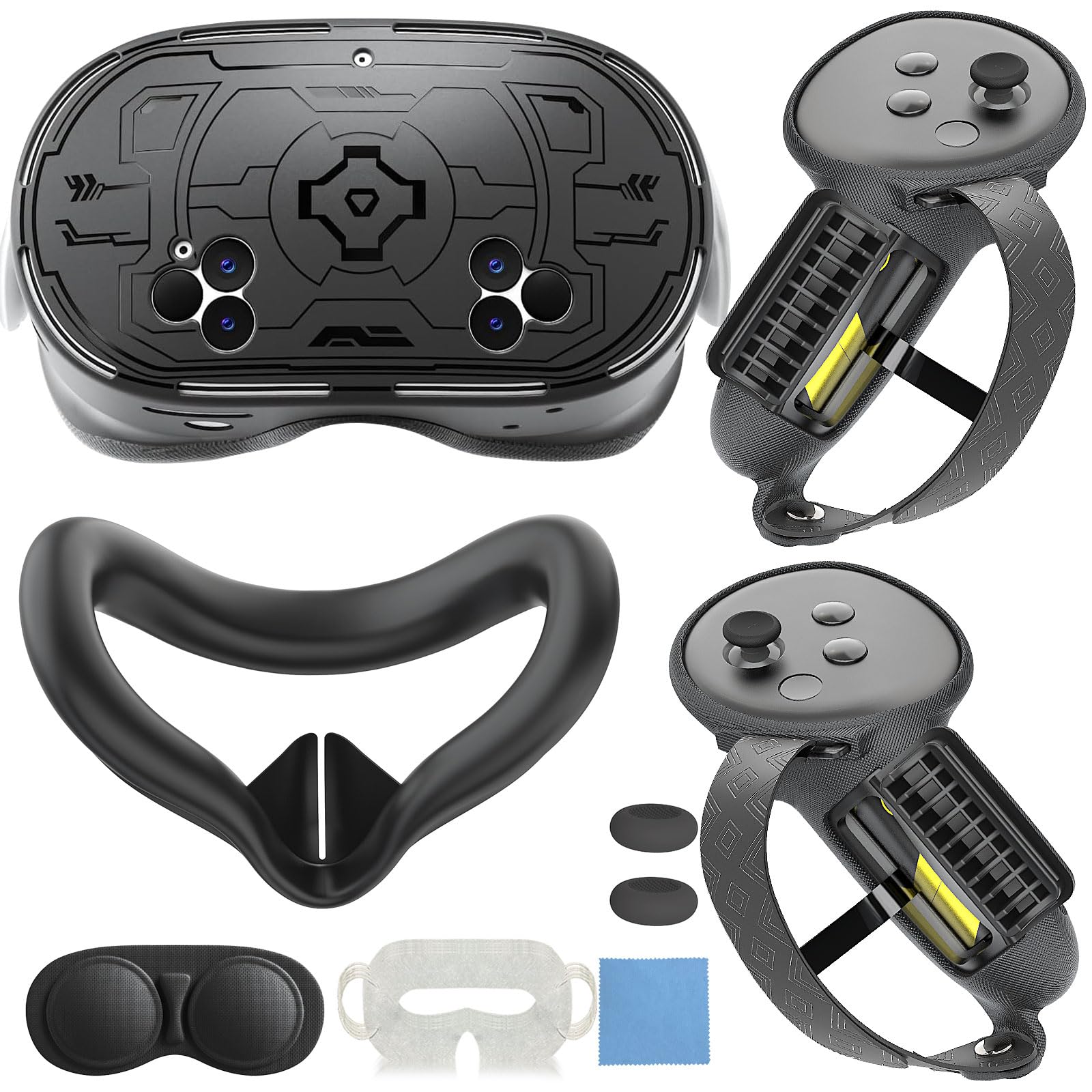Juego de fundas para Quest 3s, incluye empuñaduras de control más largas de apertura de batería, cubierta rígida de TPU, cubierta facial de silicona y cubierta de lente para Quest 3s (negro,