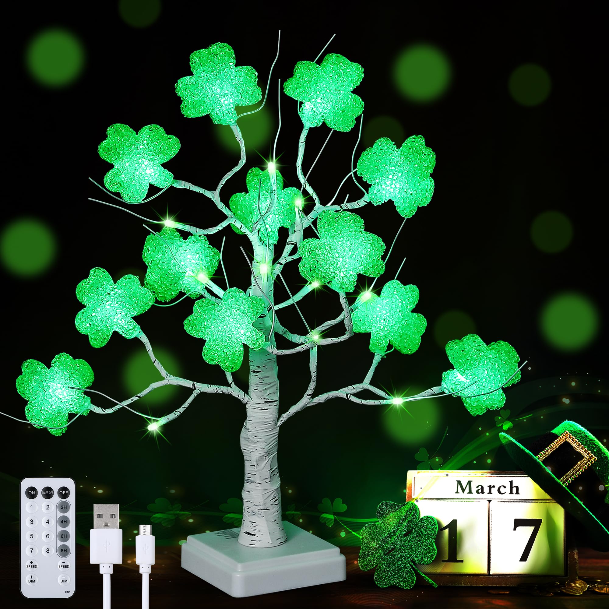 Photo 1 of Enhon 18 Inch St. Patrick's Day Tree Lights 24 LED 12 Lighted Irish Shamrock Birch Tree Lamp with 8 Modes Remote Control, Battery and USB Operated Clover Tree Light for Table Party Feast (Light Green)