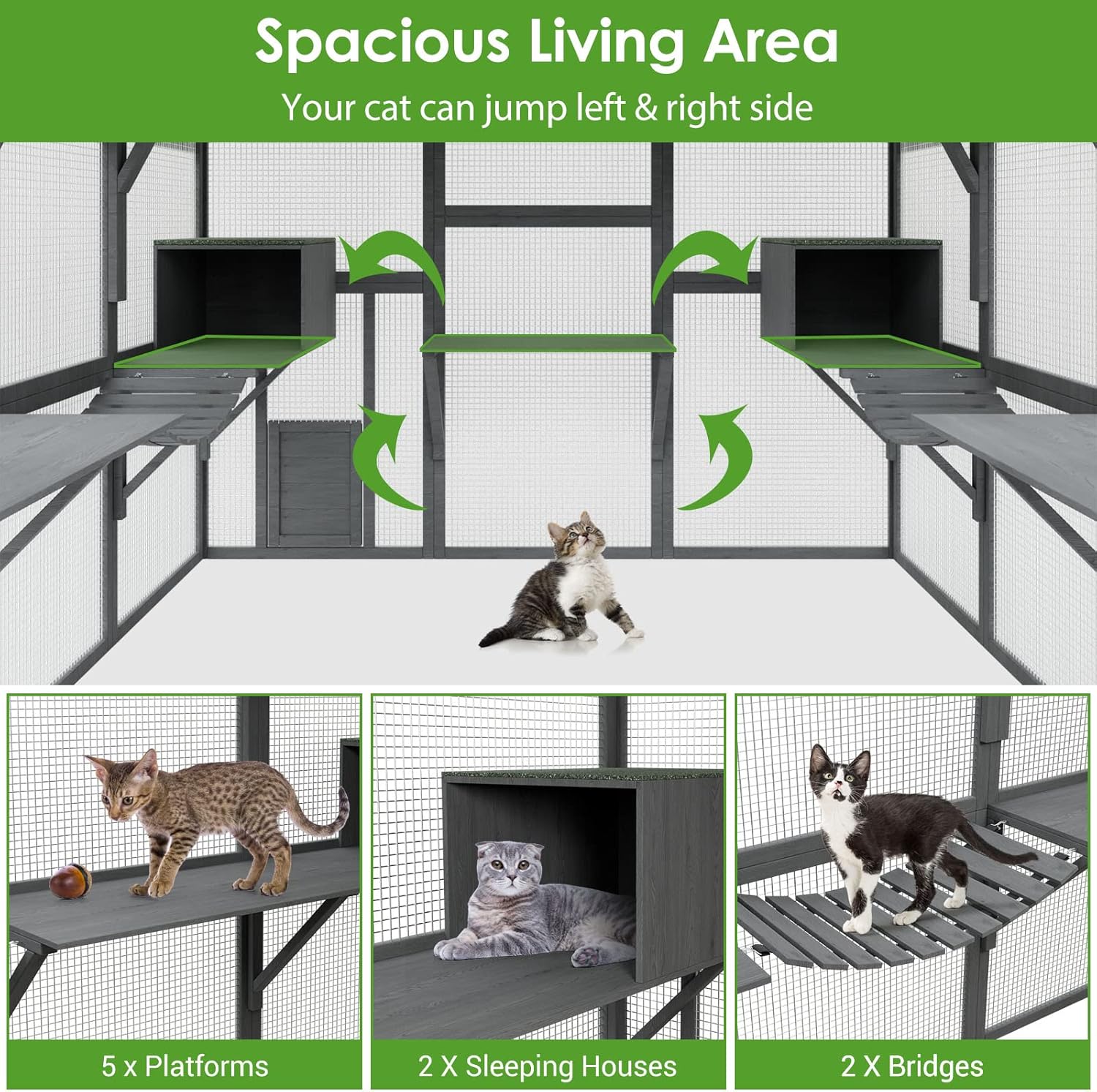 review Lovinouse Large Outdoor Cat House, 43ft² Luxury Wooden Cat Run Enclosure Walk in Cat Catio Kitten Condo with Enter Door, 2 Cat Doors, 2 Playpen & Hiding Houses, Bridges, Walks, Roof Cover, Grey
