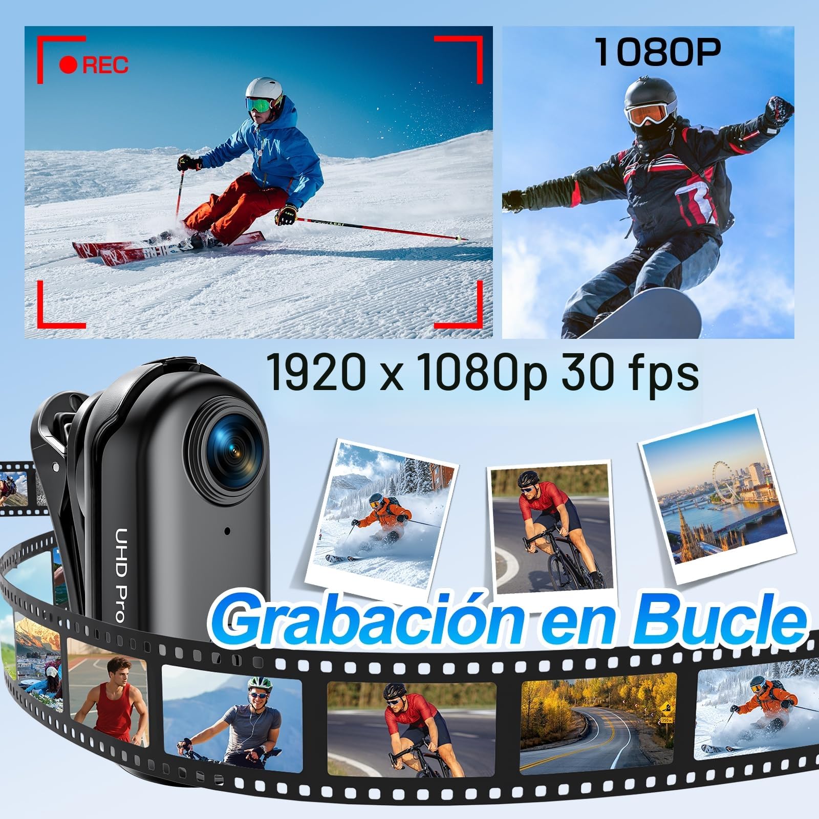 Camara 360 1080P WiFi 150° Impermeable 30m, Mini Bodycam | 2,5h Batería Autonomía, Compacto, Ligero, Soporte Magnético, App, MP4