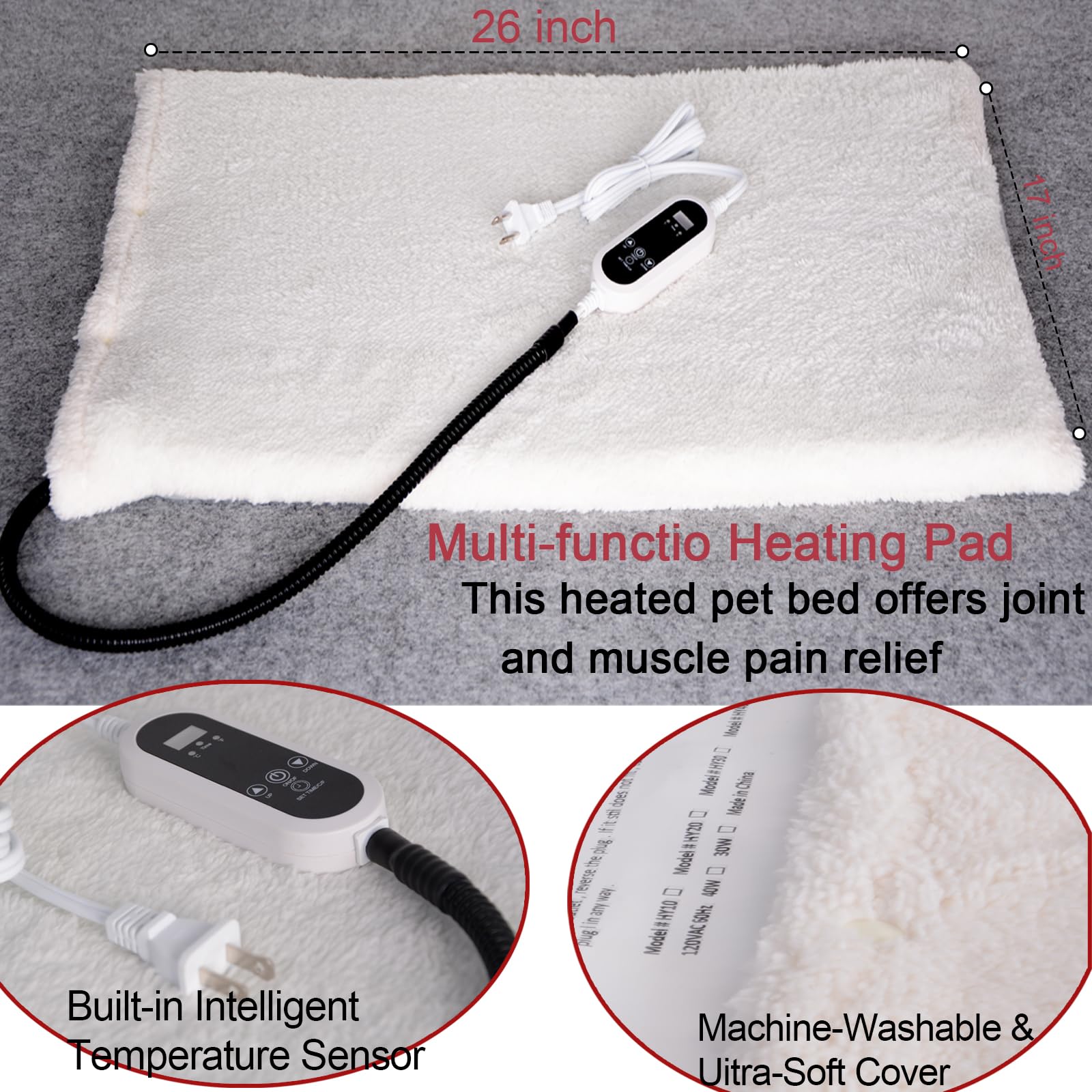 Almohadilla térmica para mascotas, almohadilla térmica para interiores con pantalla LED, temperatura ajustable, lana de superficie suave, lavable a máquina, regalo favorito de invierno para