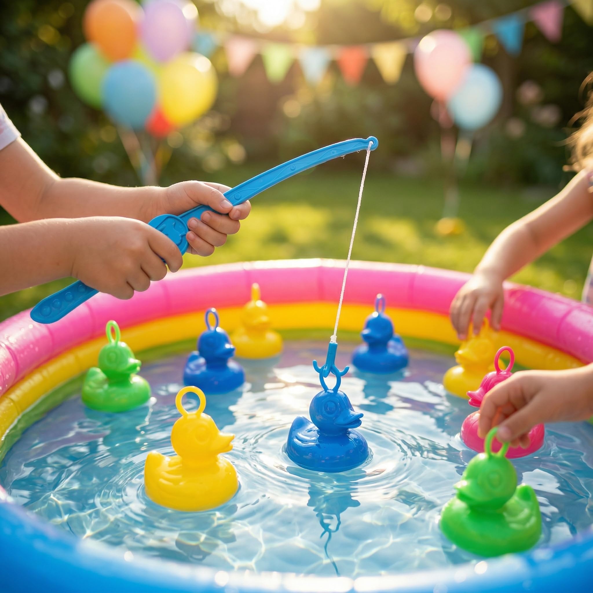 AMLI Enten Angeln | 16x bunt Entchen mit Öse & Gewicht | Inkl. 2 Angeln | Entenangeln Spiel Wasser groß | Perfekt für Firmenfeiern, Kita, Kindergeburtstag | Schwimmenten 101AO20DUCK