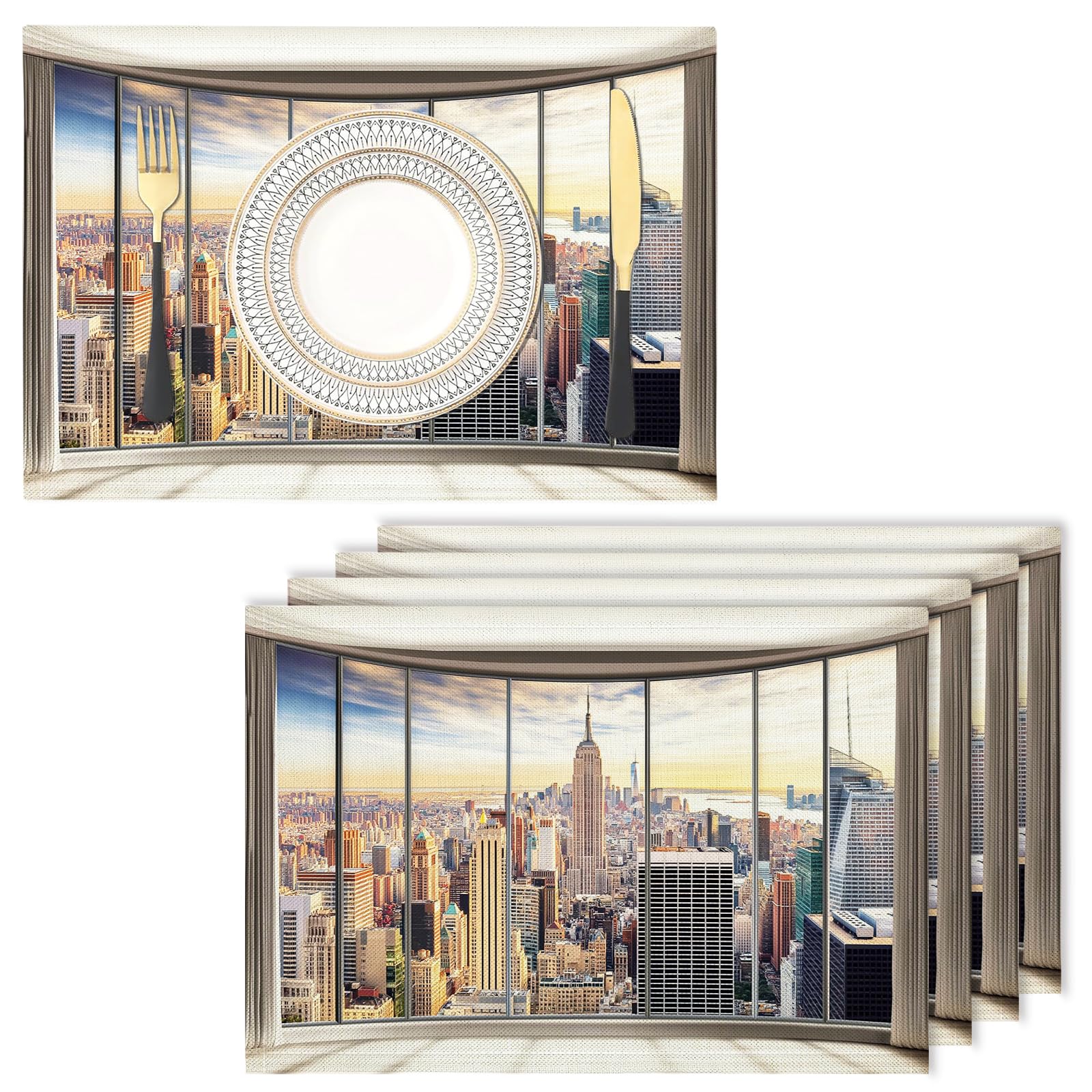 Placemats Washable Set of 8-30 x 45 cm window Placemats, City Cotton Linen Hemstitch Place Mats for Table, Kitchen, Dining