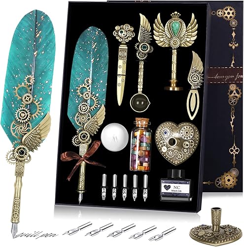 NC Juego de bolígrafo y tinta, bolígrafo de caligrafía de plumas, sello de cera, regalo del día de San Valentín, ideal para los amantes de la Verde