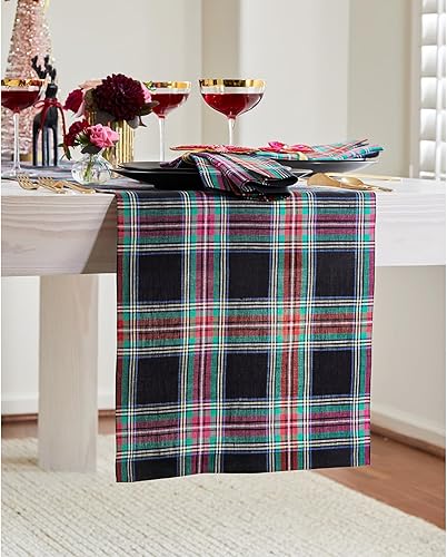 Miniatura 3 de Solino Home Camino de mesa de lino a cuadros navideños de 14 x 72 pulgadas, camino de mesa de granja con joyas negras de lino 100% puro