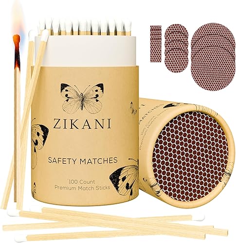 ZIKANI 4-Pulgadas Cerillas Decorativas Elegantes + Pastilla de Encendido (100 Unidades) Cerillas de Madera de Punta Blanca y Seguras para Velas,
