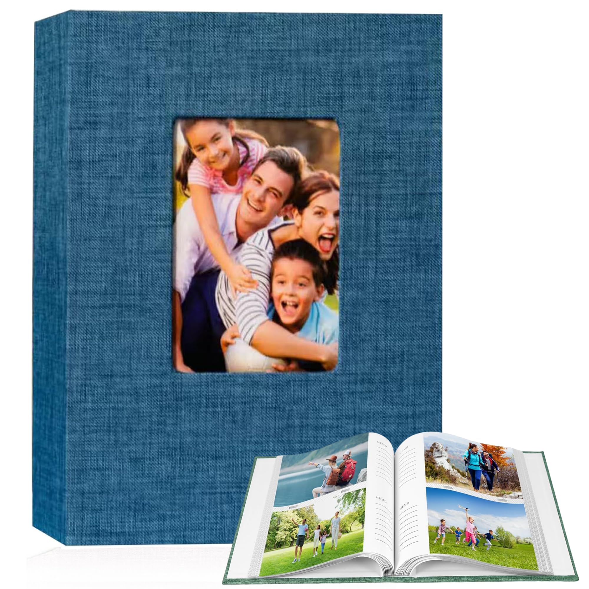 Photo Album 6x4 Holds 300 Photos - Premium Linen Cover with Display Window | Acid-Free Archival Quality for Wedding, Family & Baby Memories | Personalised Gift (Blue)