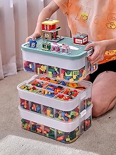 Cube Storage Organizer Bins for Lego Plastic Kids Child Toy Containers with Bricks Baseplate Lids Craft Box 3 Layers Stackable Adjustable Compartments for Building Blocks Puzzle Board Game Chest Book Case
