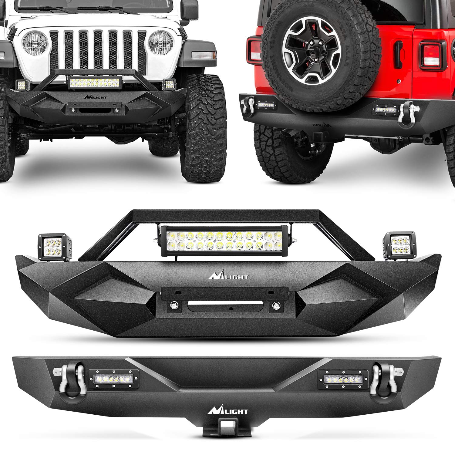 Nilight Front and Rear Bumper Compatible for 2018 2019 2020 2021 2022 2023 Wrangler JL,Rock Crawler with Hitch Receiver Winch Plate &amp; Nilight Upgraded LED Lights &amp; D-Rings Off Road