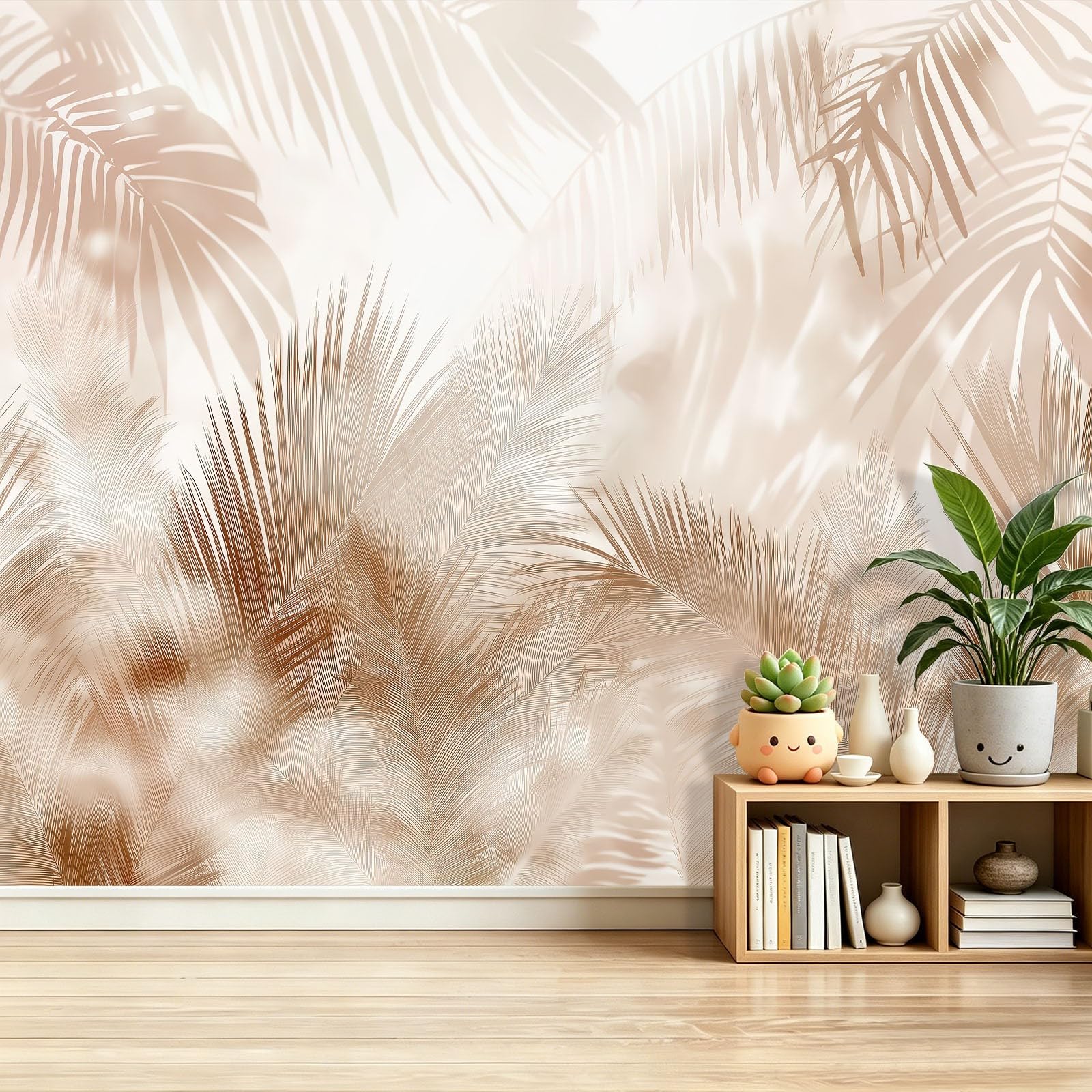 Papier Peint Intissé Beige 400x280 cm | Fresque Murale 3D Bohême Plantes Tropicales