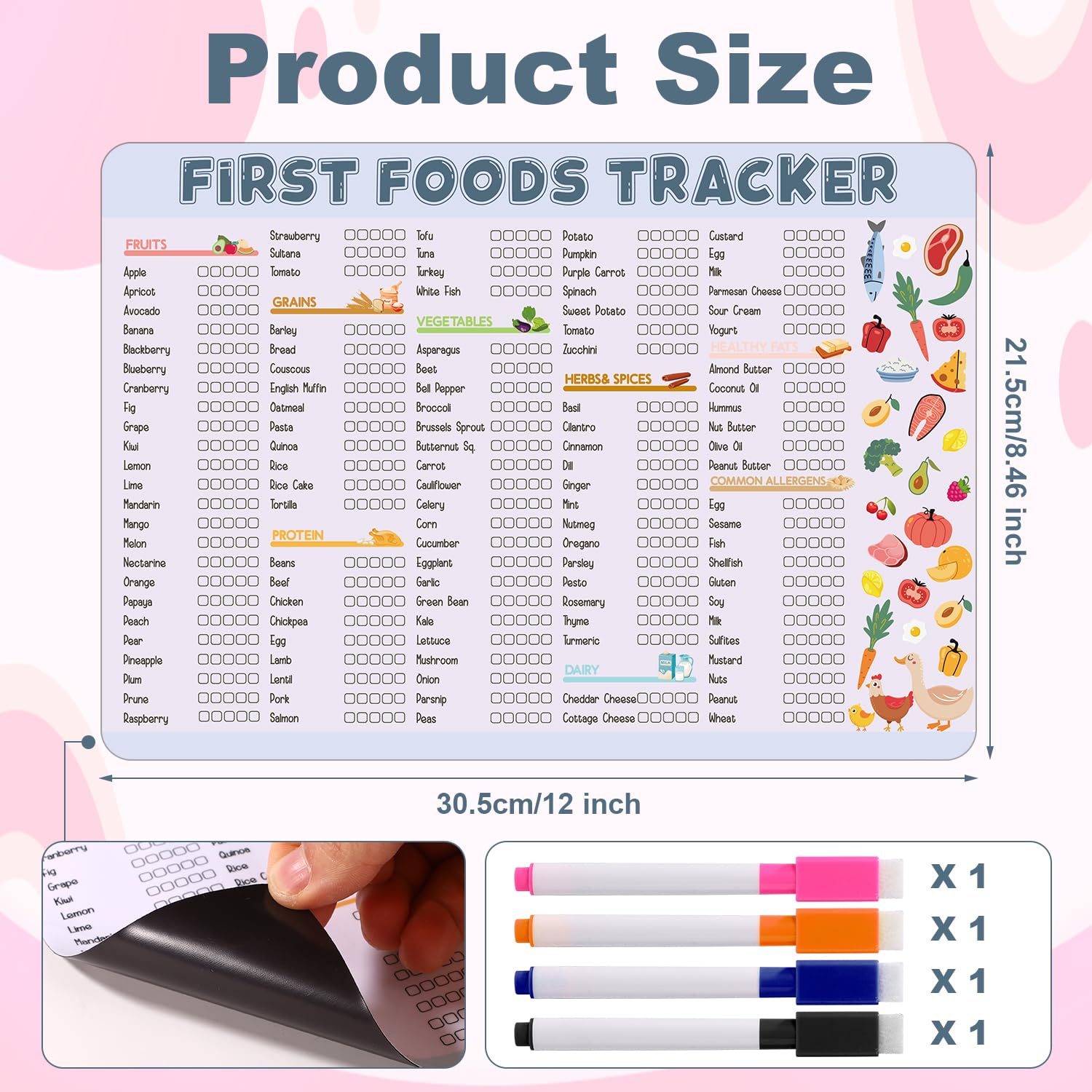 Baby's First Foods Tracker Magnetico 30,5x21,5cm Pianificatore Pasti per Svezzamento Guidato