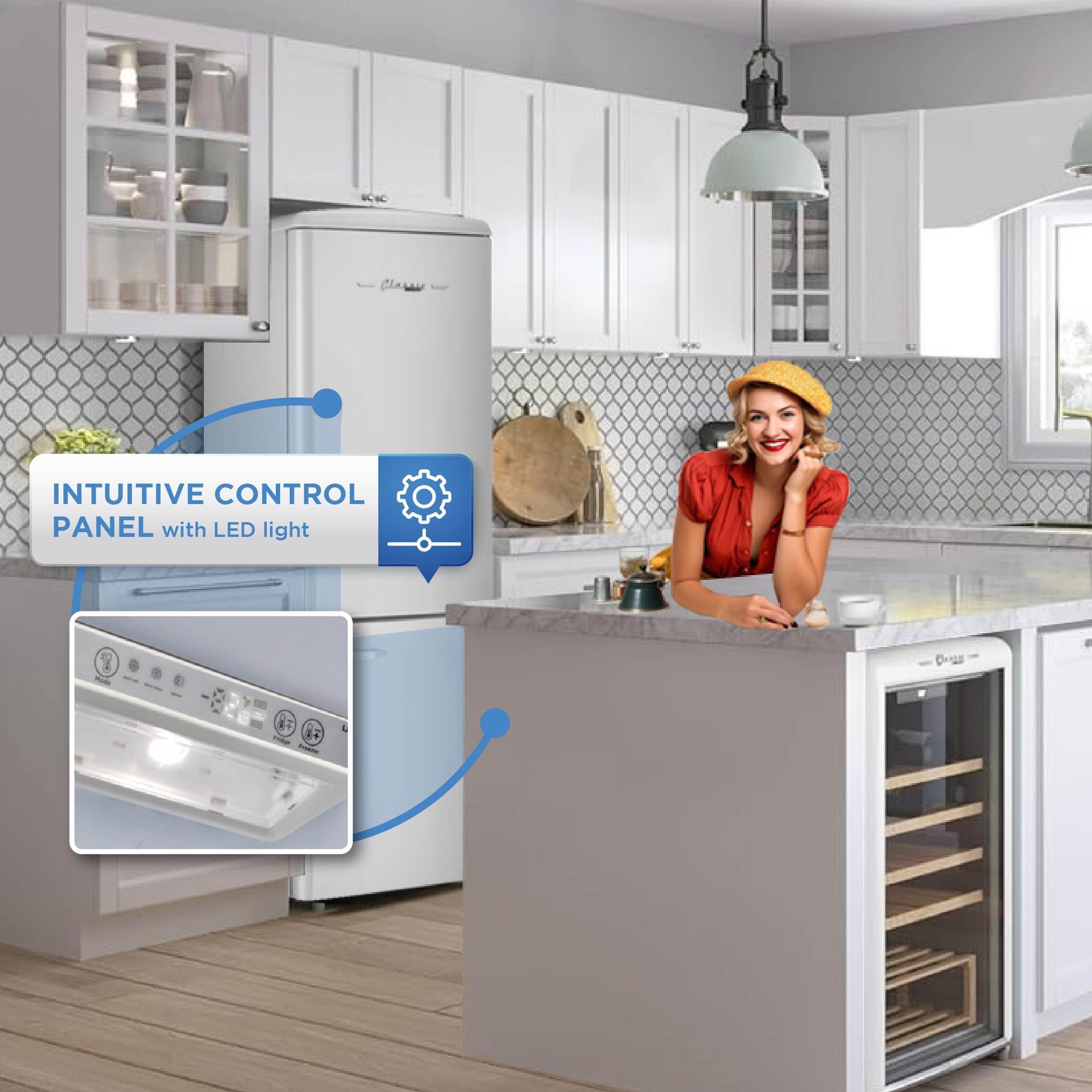 Unique Appliances Classic Retro Refrigerator, Electric Bottom-Mount Fridge with Intuitive Control Panel, 4 Glass Shelves, and 3 Freezer Drawers, Frost-Free, 12 cu./ft., Marshmallow White on Fridge.com