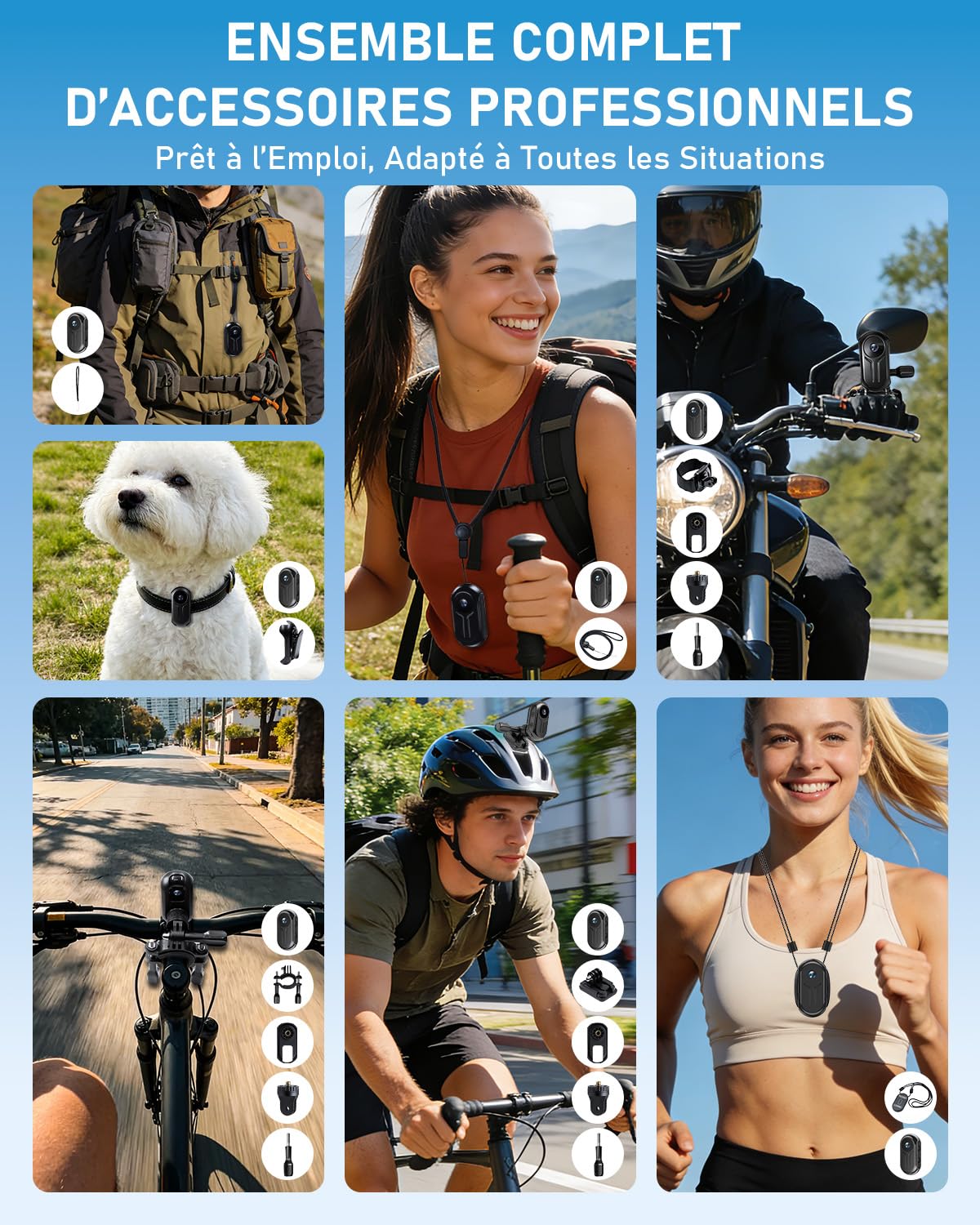 Caméra Sport WiFi 2K Ultra HD, Mini Camera d'action avec Enregistrement Action Cam Grand Angle 120°, Caméra POV avec Écran Mains Libres pour Dashcam Moto, Camera Vlog