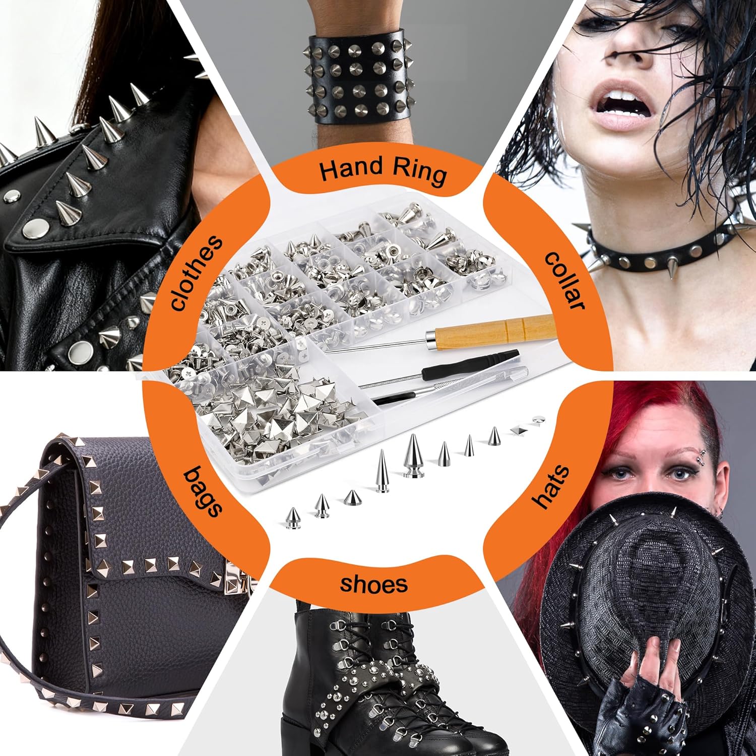 Windspeed 903P Punk Spikes and Studs Kit with 8 Size Punk Metal Tree Spikes Studs and 2 Size Pyrami Studs Flat Back Rivets for Leather Clothing Shoes DIY Craft Decorations