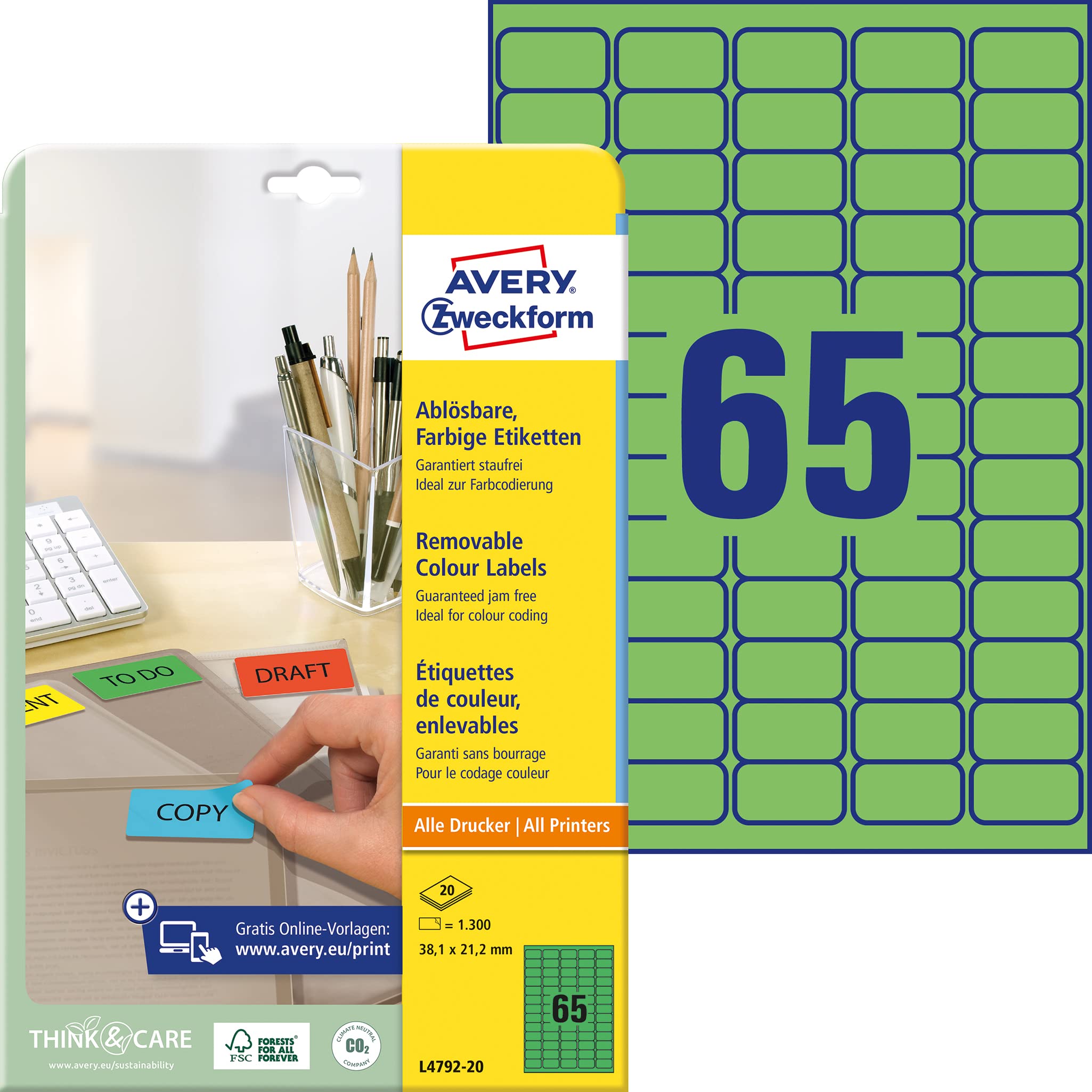 Avery Zweckform Labels 38.1 x 21.2 mm Removable Inkjet/Laser/Copier Green