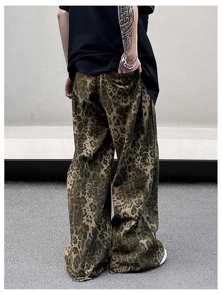 VIPWOLF Men's Leopard Pants Baggy Y2K Cheetah Wide Leg