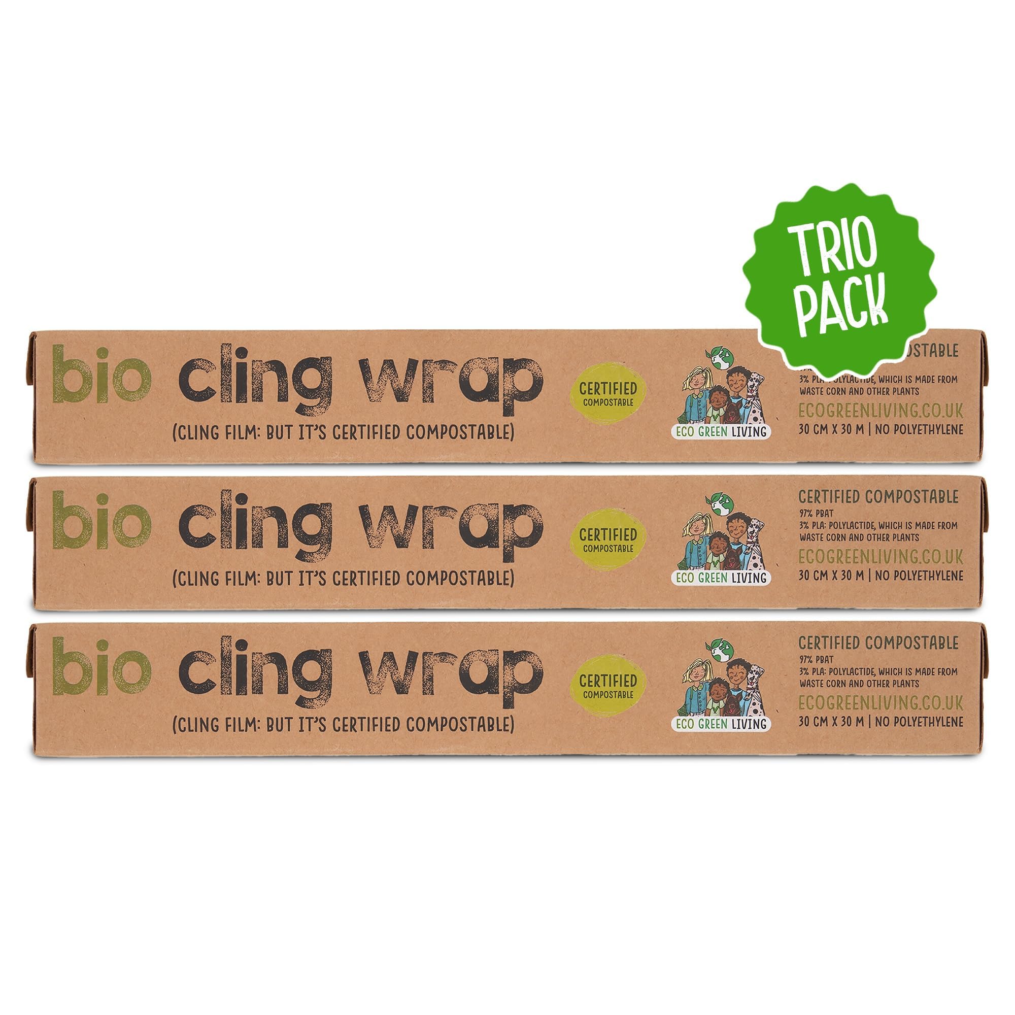 Pellicola trasparente biodegradabile Eco Green Living, 100% compostabile, senza BPA e plastica, vegana, adatta a dispenser in cartone riciclabile. Confezione da 3 rotoli da 30 cm x 30 m