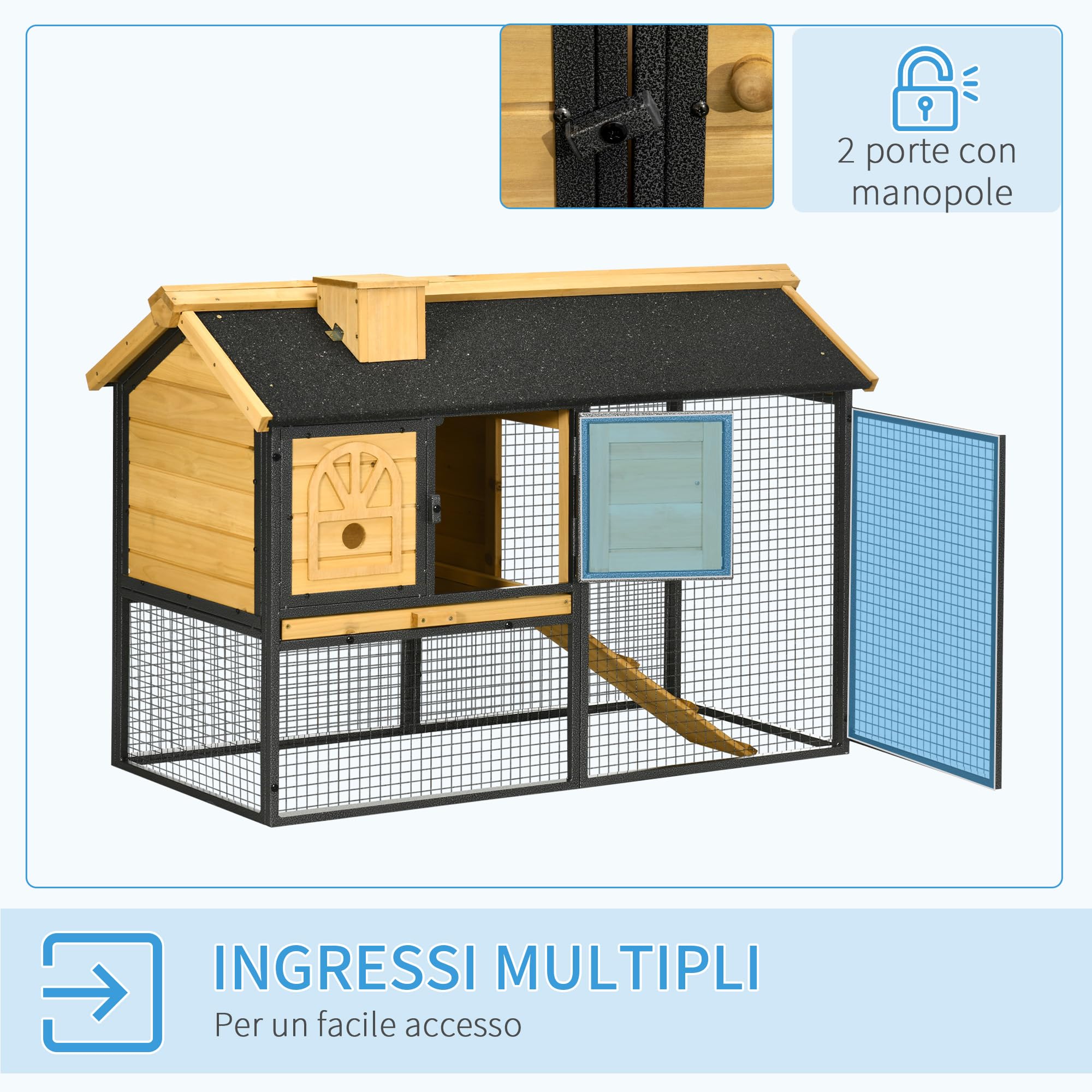 PawHut Conigliera Legno di Abete 2 Livelli 120x55.5x80 cm Gialla e Nera | Acciaio, Gabbia per Conigli, Vassoio Rimovibile, Area di Corsa