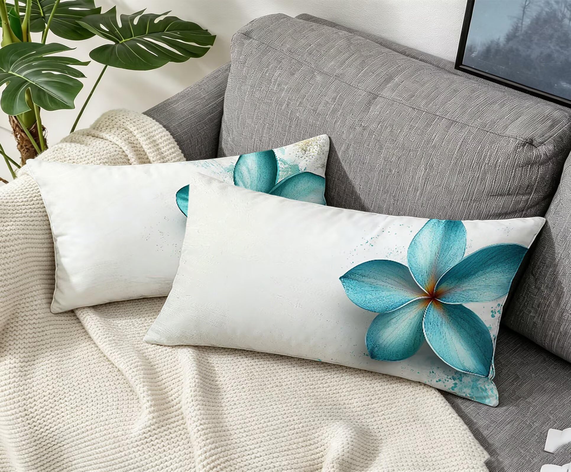 Blau Kissenbezug 60x80 Blume Kopfkissenbezug 2er Set,Wohnaccessoires & Deko,Weich und Atmungsaktiv Samt Stoff mit Verstecktem Reißverschluss für Bett Sofa Kissen Dekokissen-85909