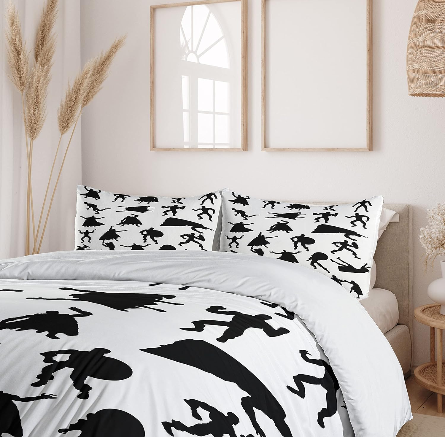 Ambesonne Superhero Duvet Cover Set, Hero Silhouettes in Different Moves Action Energy Conflict Struggle Illustration, Decorative 3 Piece Bedding Set with 2 Pillow Shams, Queen Size, Black White Queen Black White